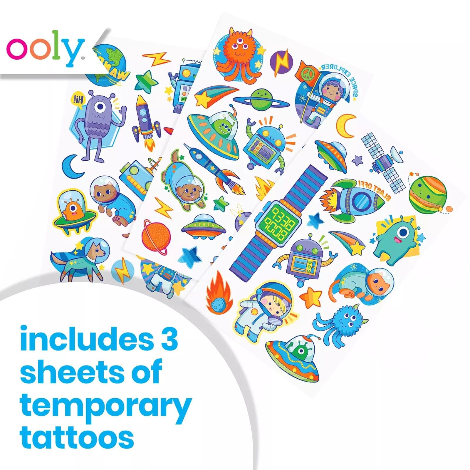Ooly 50 Temporary Tattoos For Kids, Safe & Non-Toxic Temporary Tattoo, Party Favors for Kids 4-8, Great Goodie Bag Stuffers & Fun Birthday Decorations - Space Explorer