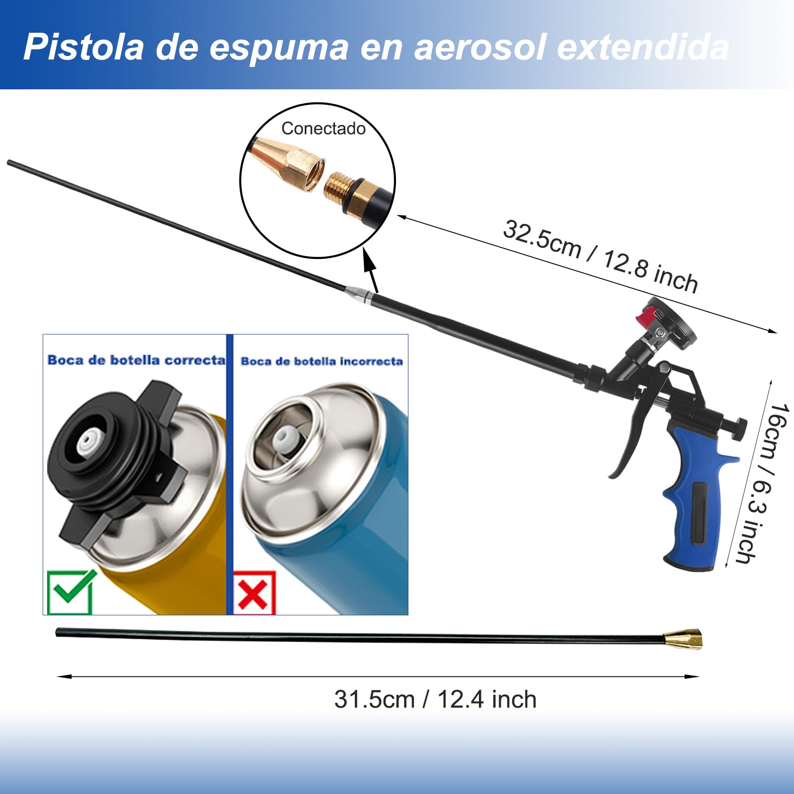 Pistola de espuma desmontable de 24 pulgadas, pistola de espuma expandible profesional, pistola de espuma dispensadora adecuada para calafatear, llenar, sellar (azul)