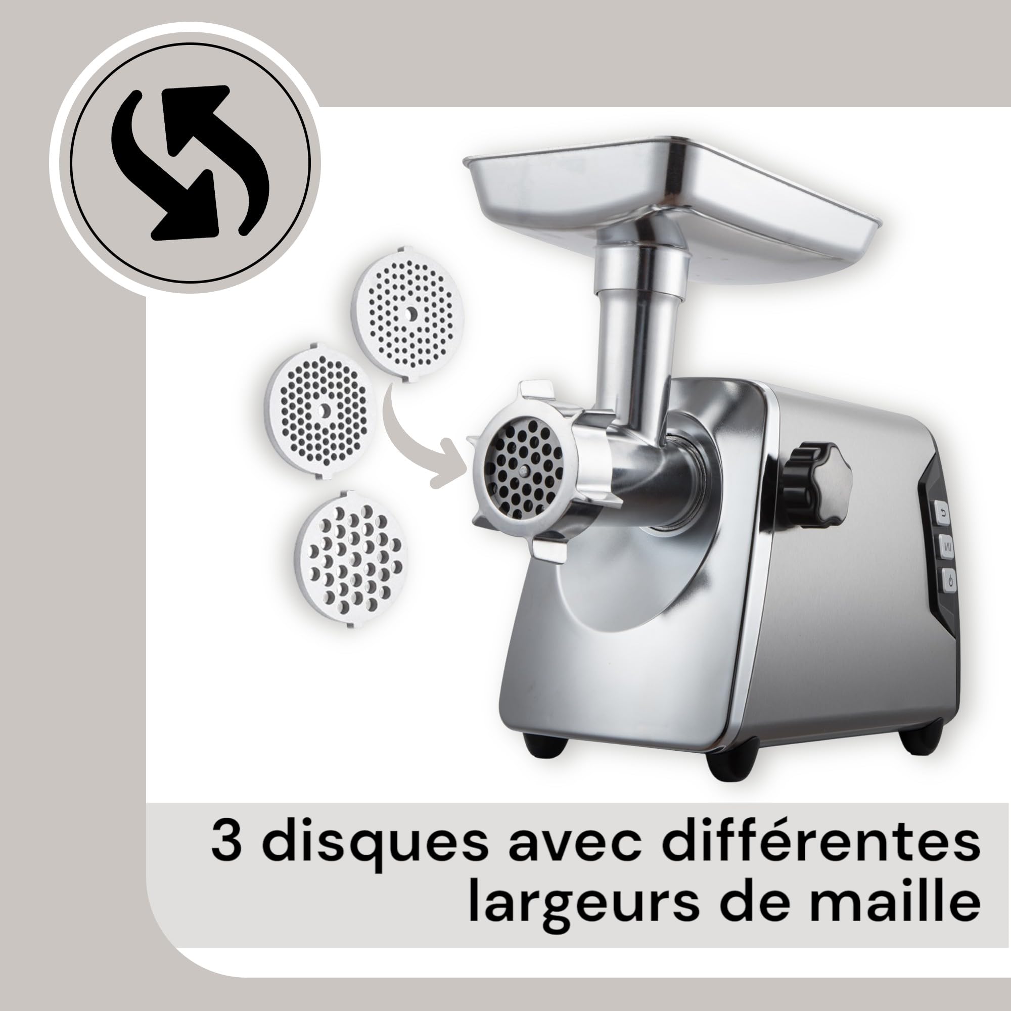 Royal Swiss - Picadora de carne eléctrica (2000 W, acero inoxidable, función inversa, compacta y potente, accesorios incluidos, picadora multifunción para carne, salchicha, salsa y relleno para el