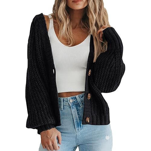 LILLUSORY Women's Chunky V Neck Cardigan Sweater Knit Button Down Winter Clothes for Warm