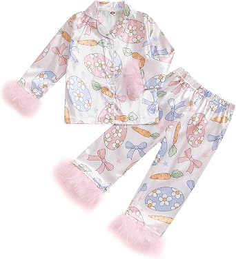 Ayalinggo Toddler Kids Baby Girl Solid Pjs Ruffle Long Sleeve Button Shirt Top and Pants Cotton 2Piece Pajamas Set