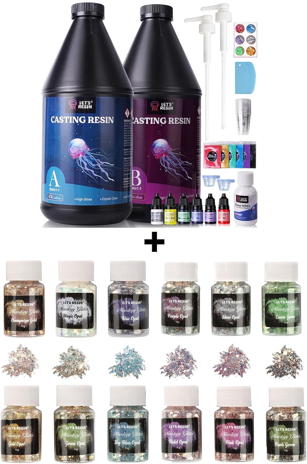 Bundle Set of 1 Gallon Epoxy Resin with Color Pigment and 12 Colors Opal Chunky Glitter