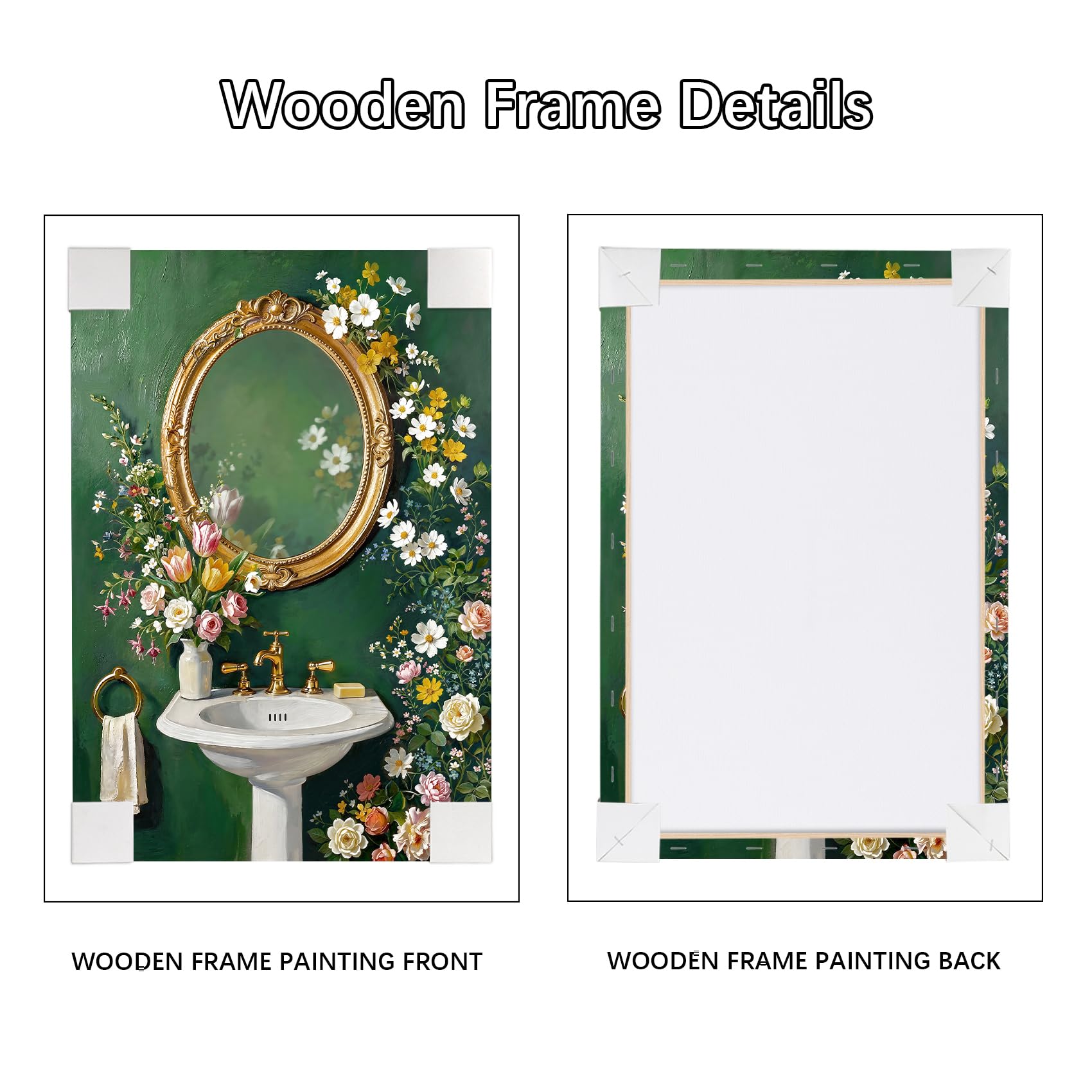 4Pcs Stampa su tela Con Cornice Bagno in Stile Botanico Verde Pittura Foglie di Fiori Selvatici Verde Quadri su tela Poster da parete Quadretti Quadri Moderni Lavabo WC Vasca da Bagno 30x40cm x4
