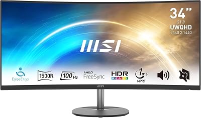 MSI PRO MP341CQ 34″ Curved Monitor, 1500R, UWQHD (3440 x 1440), 21:9, 100Hz, VA, 4ms, HDMI, VGA, Built-in Speakers, Anti-Glare, Anti-Flicker, Less Blue light, TÜV Certified, VESA, Kensington