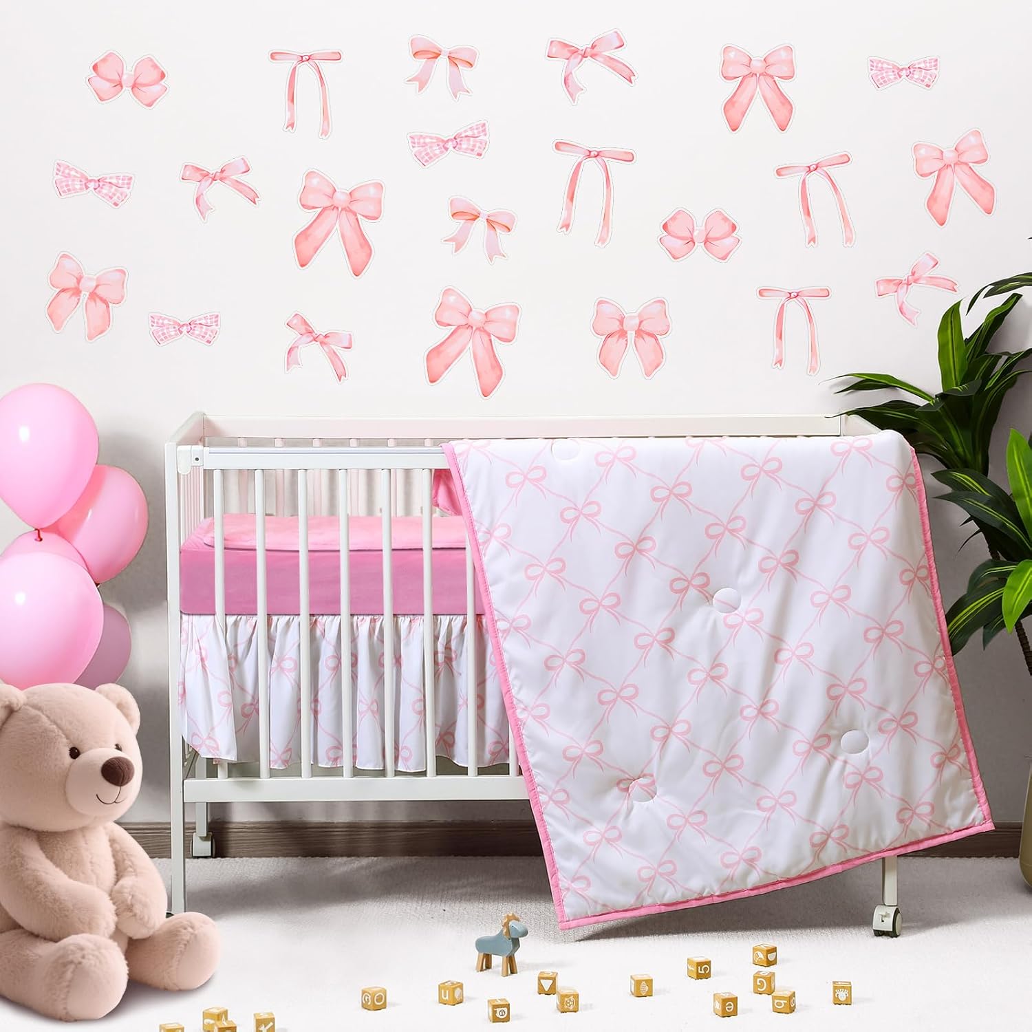 5 Pcs Crib Bedding Set Include Print Crib Sheets Bed Skirt Comforter Pad Cover Wall Stickers for Girls Princess Nursery Room Decoration(Pink Bow)