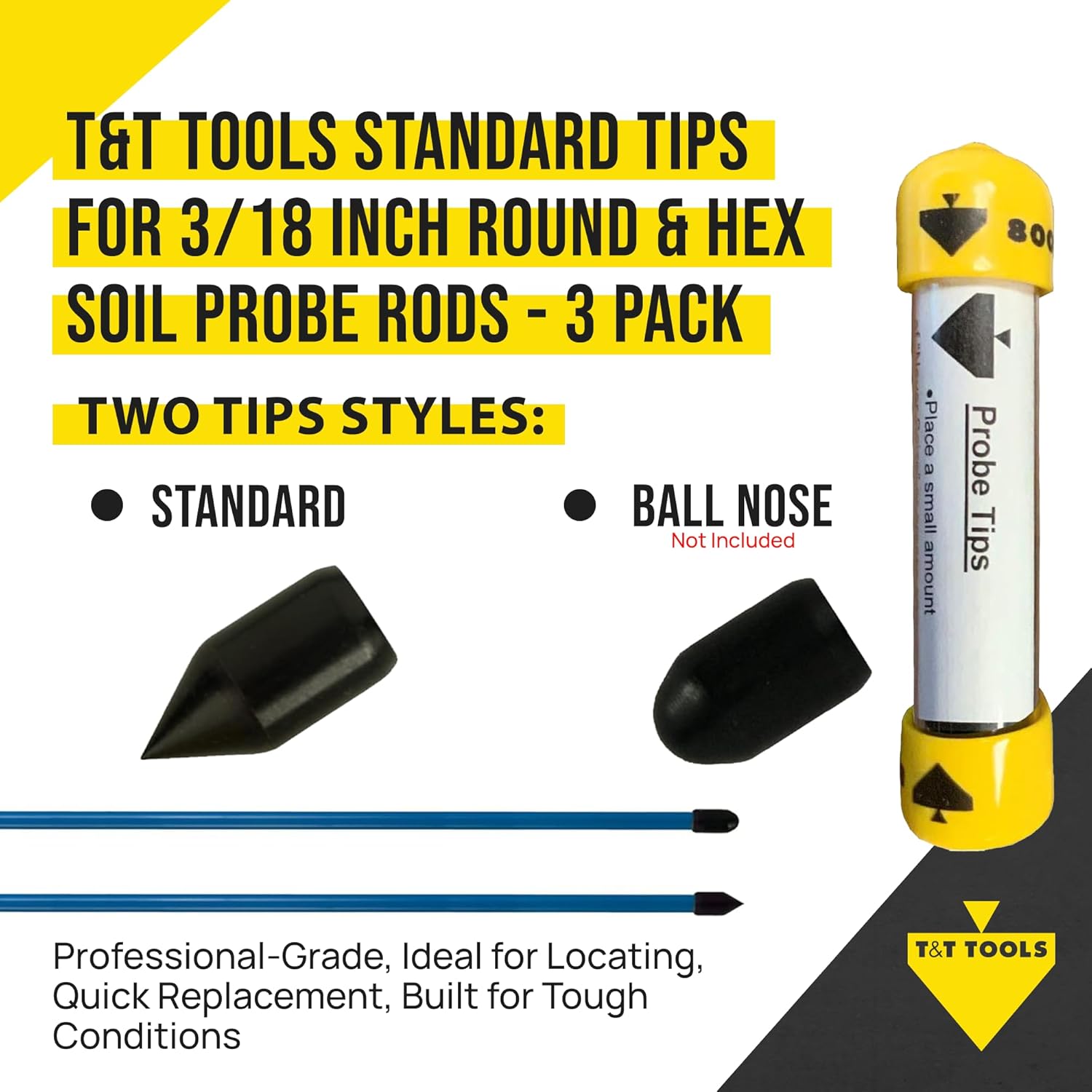 T&T Tools Standard Replacement Tips for 3/8" Soil Probe Rods - Compatible with Smart Stick & Mighty Probe - Ideal for Locating, Plumbing, Landscaping & Gardening Tools - Durable Metal Rod Tips,12-Pack
