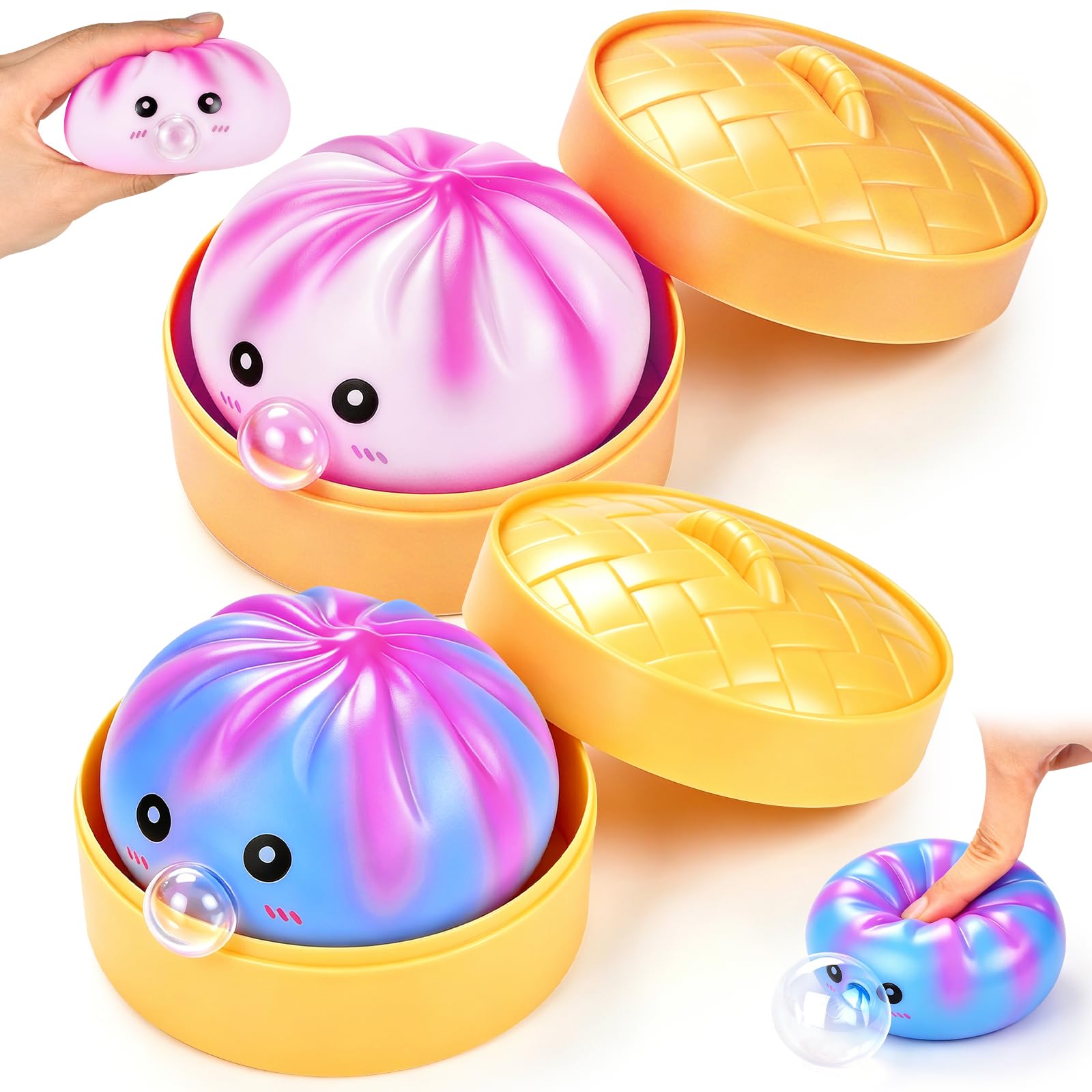 2PCS Squishy Bao Dumpling, Colorful Mystery Stress Dumplings with Plastic Steamer Box, Squishy Bao Dumpling Toy, Colors Smiley Face Mystery Glitter Dump-lings Fidget Toy for Adults Kids