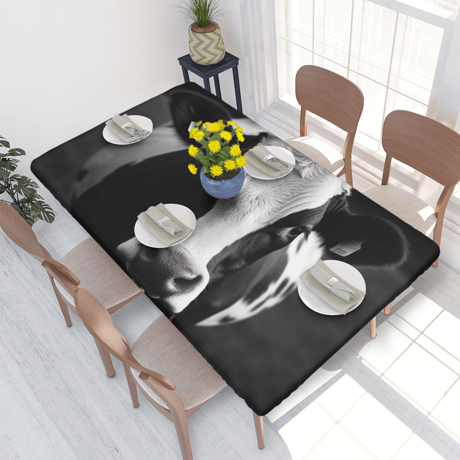 Dcarsetcv Black And White Cow Printed 4Ft Waterproof Tablecloth With Elastic Edged Protect & Decor Your Table, Oil-Proof Washable Table Cloth Cover For Dinner Picnic Party
