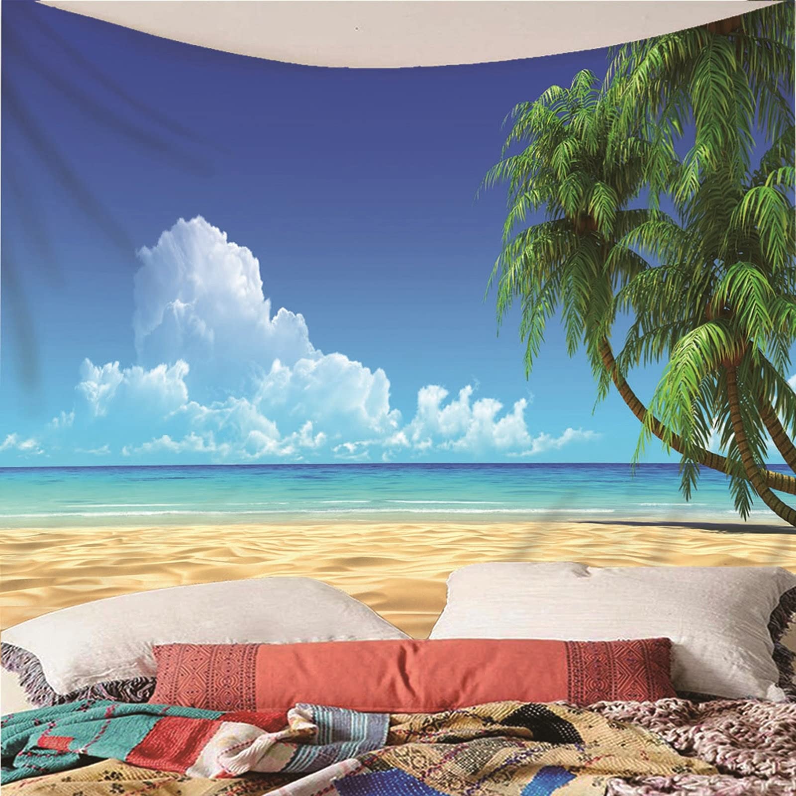 Aeici Tapiz Tela Muro Playa, Tapices Pequeños Pared Tapiz Playa Coconut Tree Océano Cielo- Azul Verde, 300x260CM