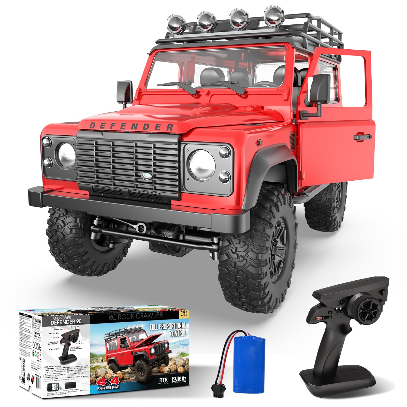 DOUBLE E Land Rover Defender 90 RC Car 4WD Off-Road Remote Control Monster Truck with LED Headlight and Rechargeable Battery RC Truck Gifts for Adults Boys 8-12