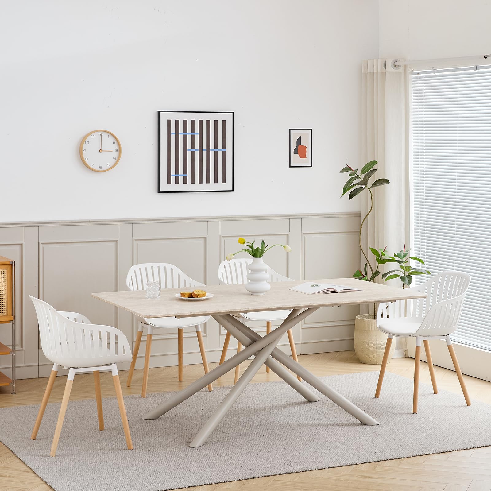 GrandCA HOME Juego de 4 Sillas Modernas de Comedor y Cocina con Reposabrazos y Cojines, Respaldo Hueco Vertical y Patas de Madera para Sala, Balcón y Oficina - Blanco