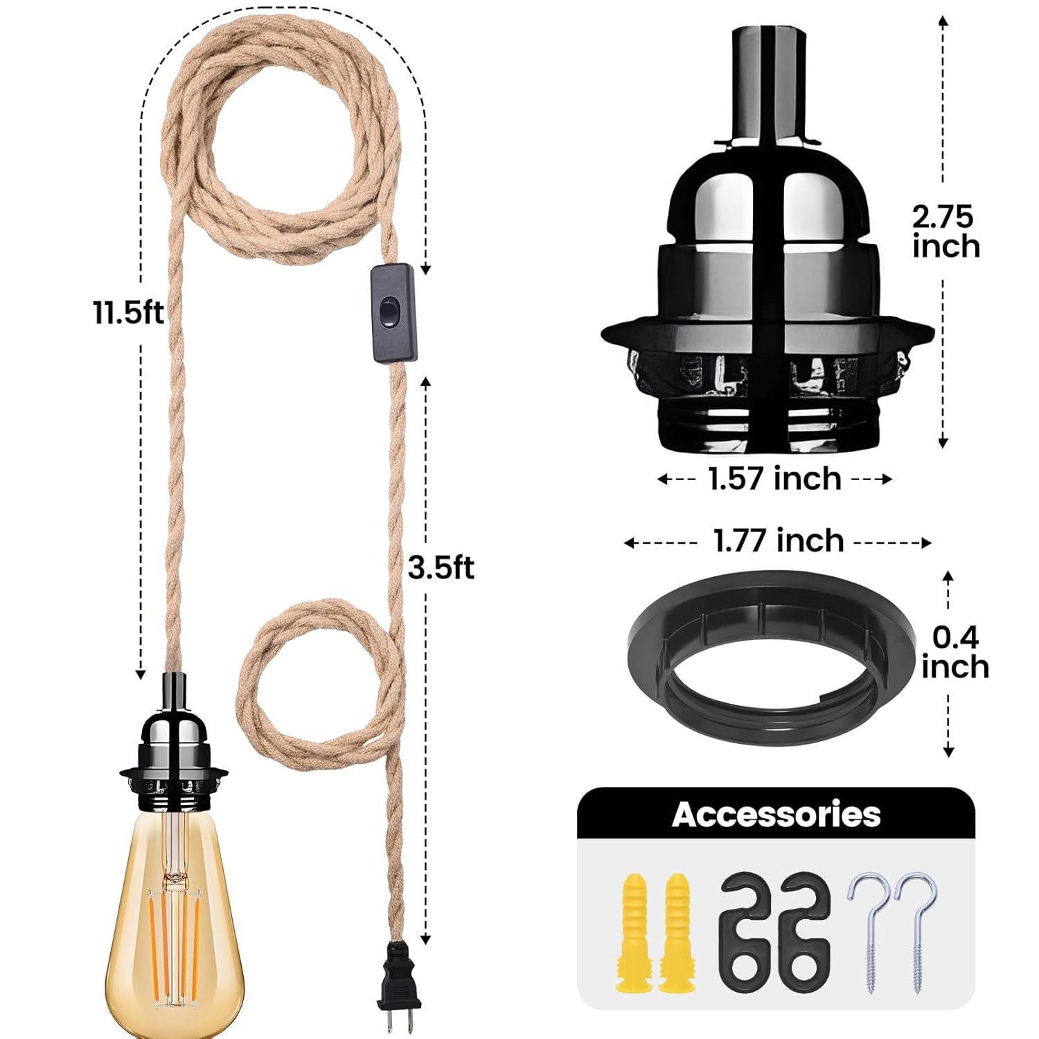 Plug in Pendant Light Cord, Industrial Hanging Light Kit with 15FT Hemp Rope, E26 E27 Light Socket Base for Hanging Lamp Kit, Hanging Light Cord with On/Off Switch, Ideal for Room Decor-2 Pack