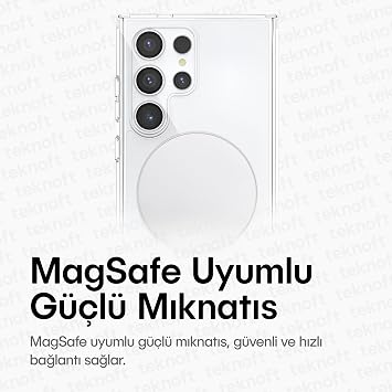 Teknoft Samsung Galaxy S24 Ultra için MagSafe ile Uyumlu Şok Emici Silikon Kenar Sararma Önleyici Arkası Sert Parmak İzi Tutmayan Darbeye Dayanıklı Manyetik Şeffaf Kılıf