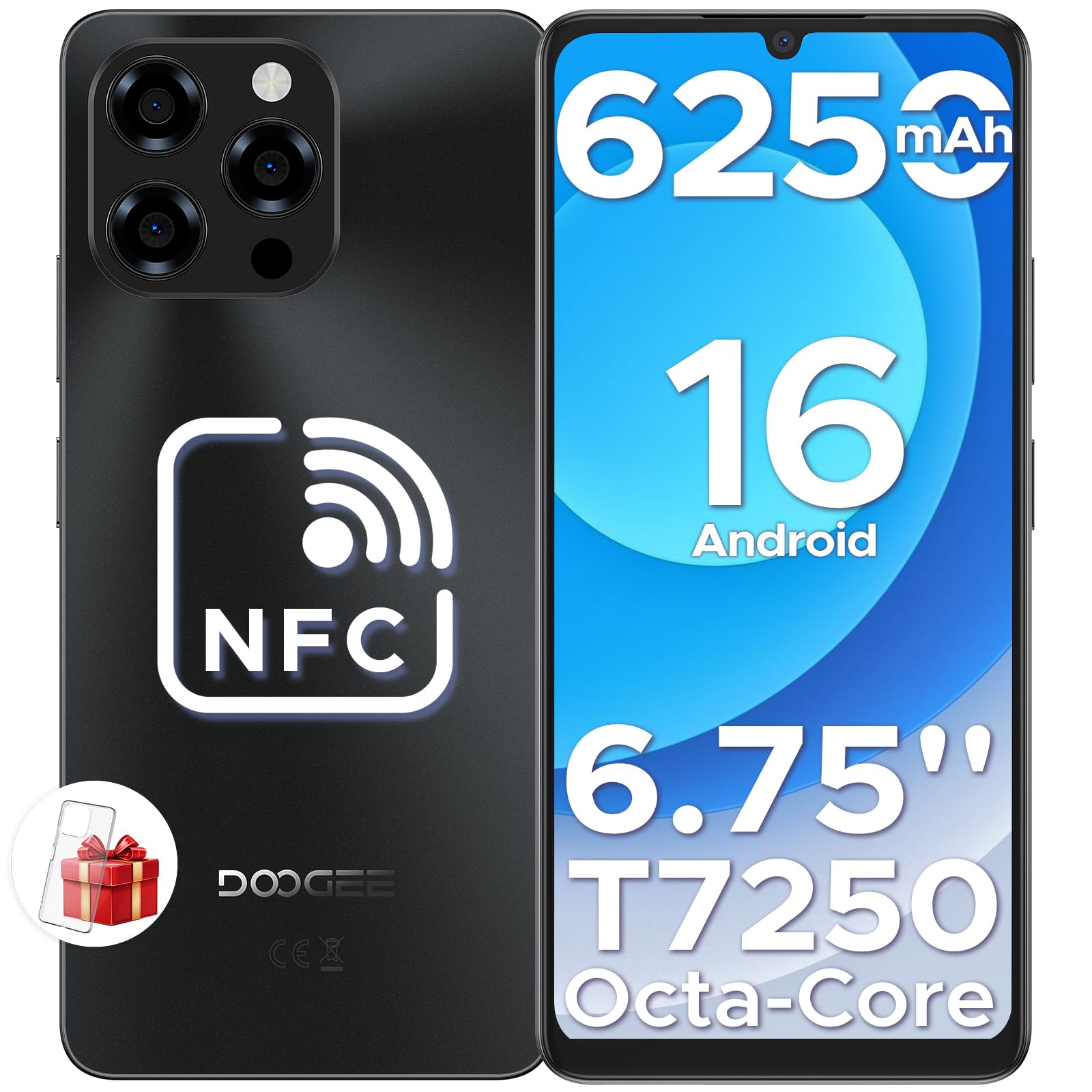 DOOGEE Note 58 Android Smartphone 16, 32(8+24) GB+128GB/2TB TF Mobile Phone, 6.75" HD+ 90Hz Screen, 6250mAh, 16MP+8MP Mobile Phone, 4G Dual SIM/Octa Core/Widevine L1/ NFC/OTG/Face ID/GPS, Black