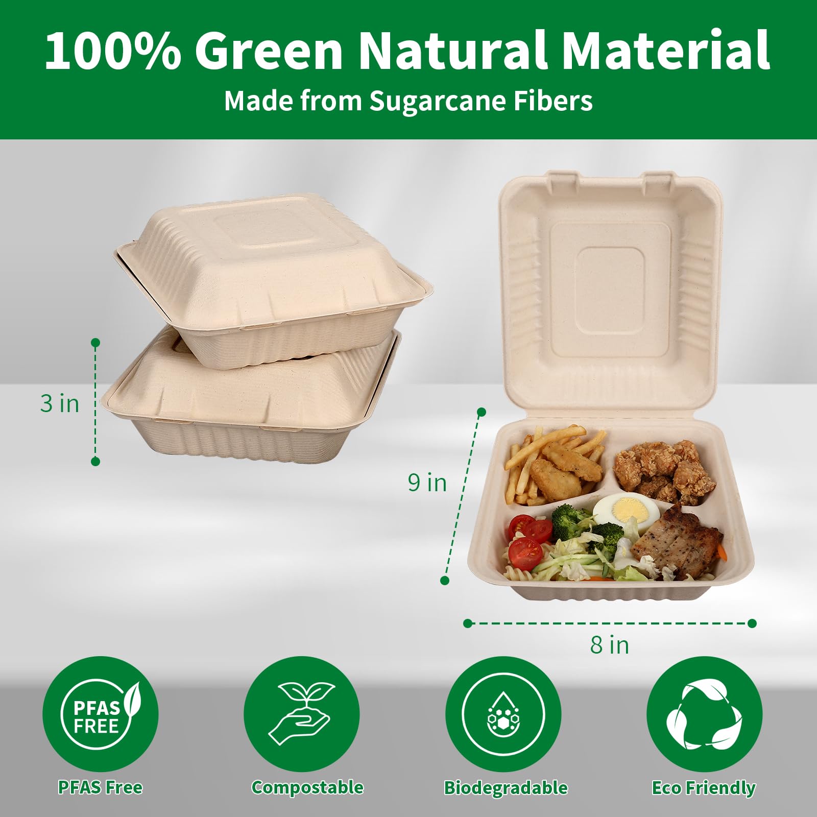 Aricsen Paquete de 100 recipientes compostables de 3 compartimentos de 8 x 9 pulgadas para llevar con tapa para llevar, concha de almeja para alimentos, bagazo desechable ecológico biodegradable, sin