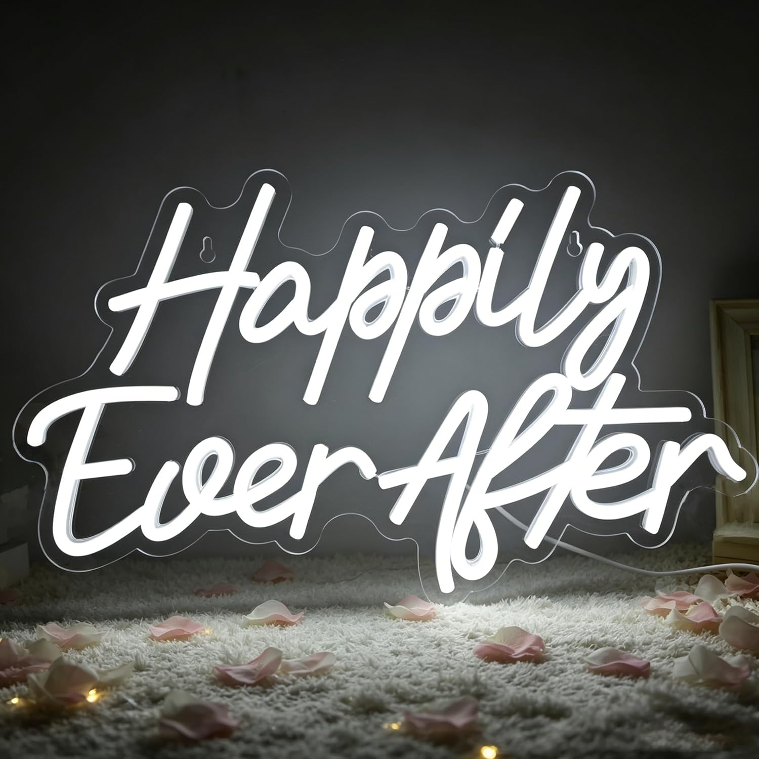 Happily Ever After Neon Sign White LED Neon Sign Light Up for Wall Decor, Dimmable USB Powered Neon Light for Party Bedroom Room Wedding Home Birthday Art Decoration Christmas 15”x9”
