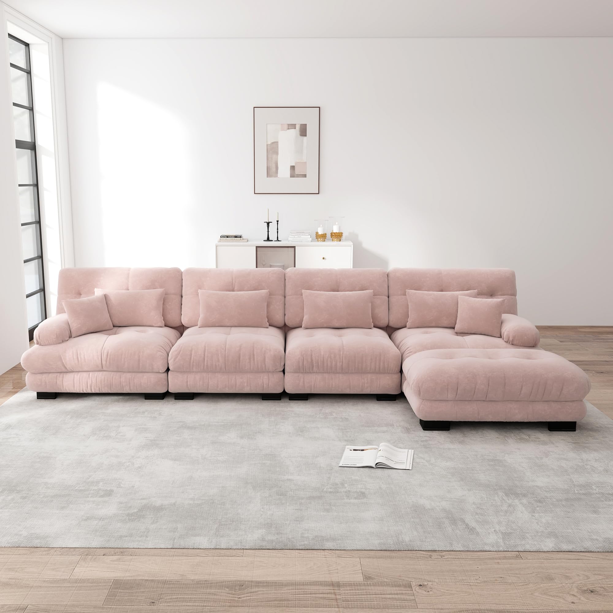 SUKY Sofá esquinero modular en forma de L de 4 plazas, cómodo sofá en la nube, chenilla, otomano móvil, combinación de bricolaje, color rosa