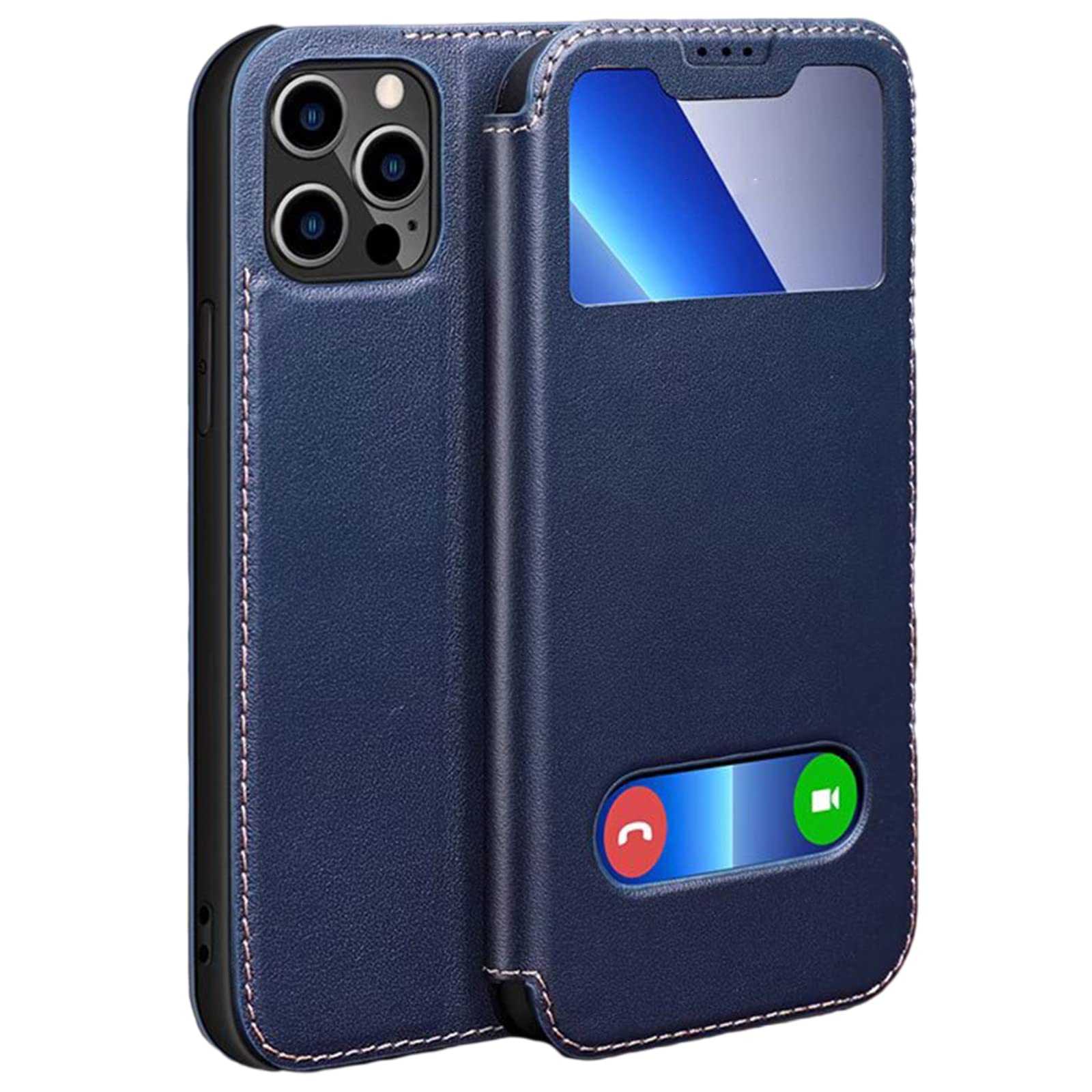 Hülle Kompatibel mit iPhone 13 Mini/13/13 Pro/13 Pro Max, Echt Lederhülle Schutzhülle mit Sichtfenster Magnet Verschluss Klapphülle Handyhülle,Blau,13 Pro Max 6.7"
