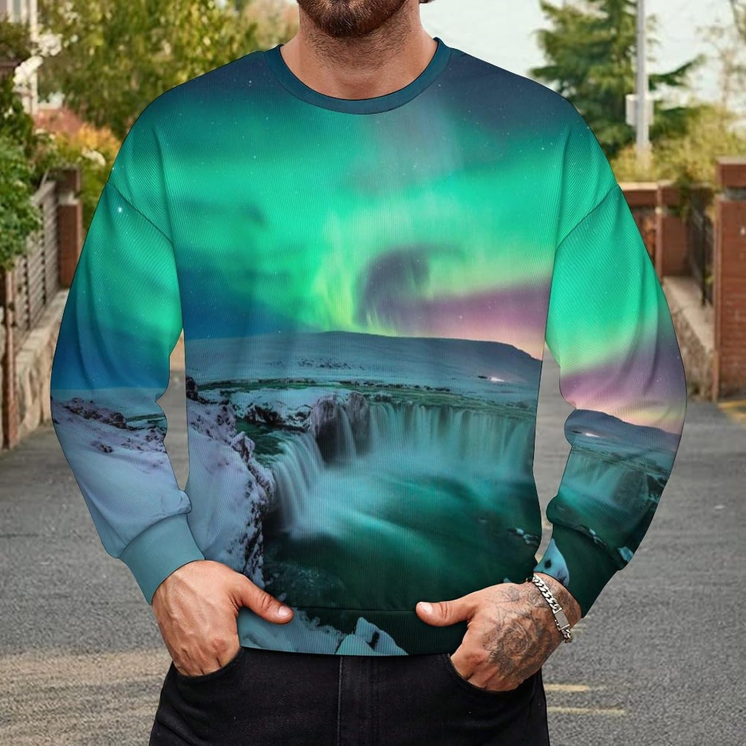 Green Northern Aurora Men's Sweatshirt Crewneck Pullover Long Sleeve T Shirts Top