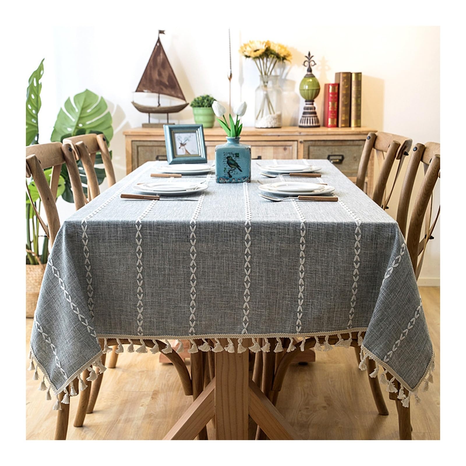 Nappe de table brodée grise 140x250cm rectangulaire avec glands