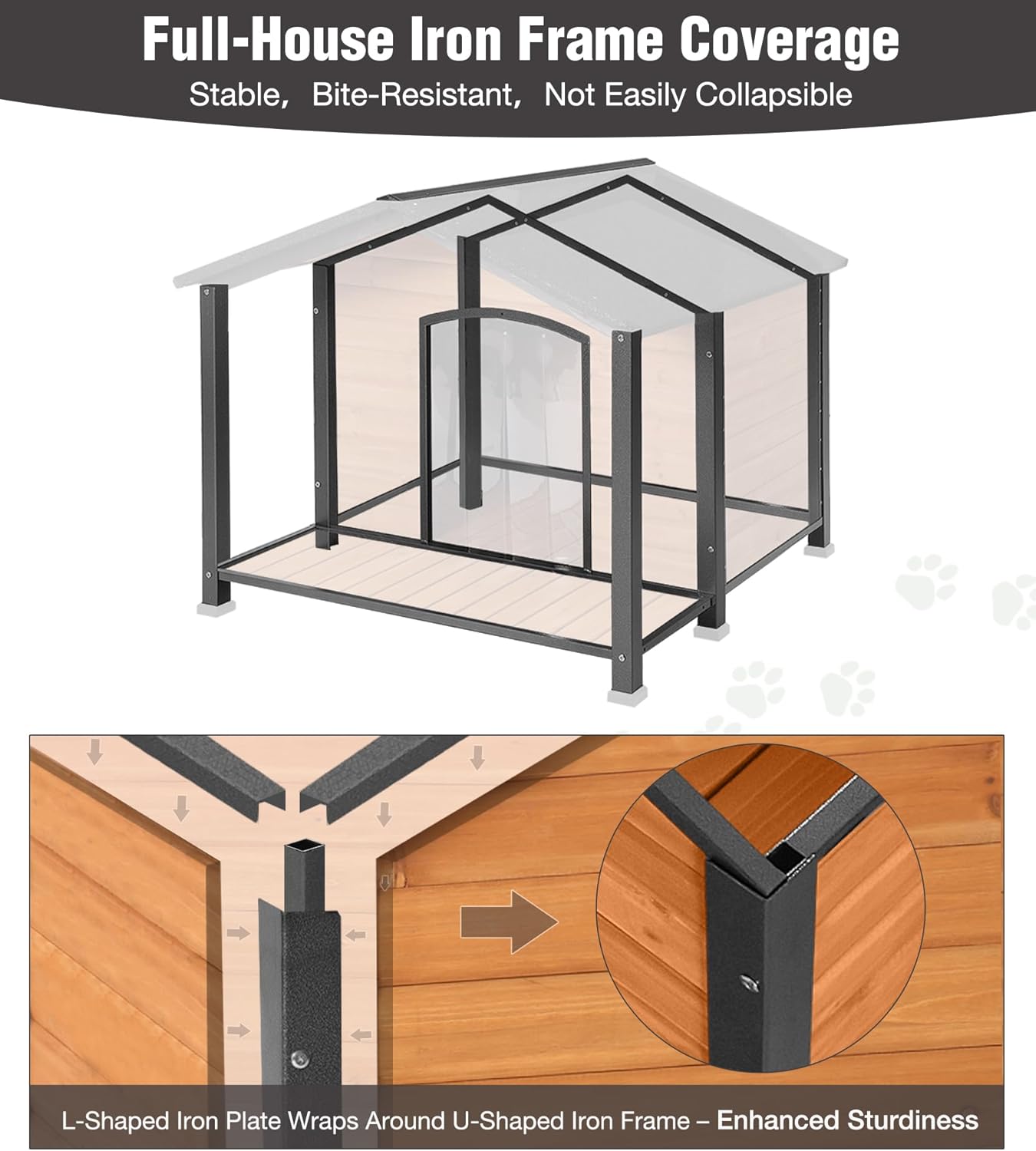Dog House Outdoor with Porch, Anti-Chewing Iron Frame, Weatherproof Large Wooden Dog Kennel Outside with Removable Floor, Elevated Base & PVC Curtain