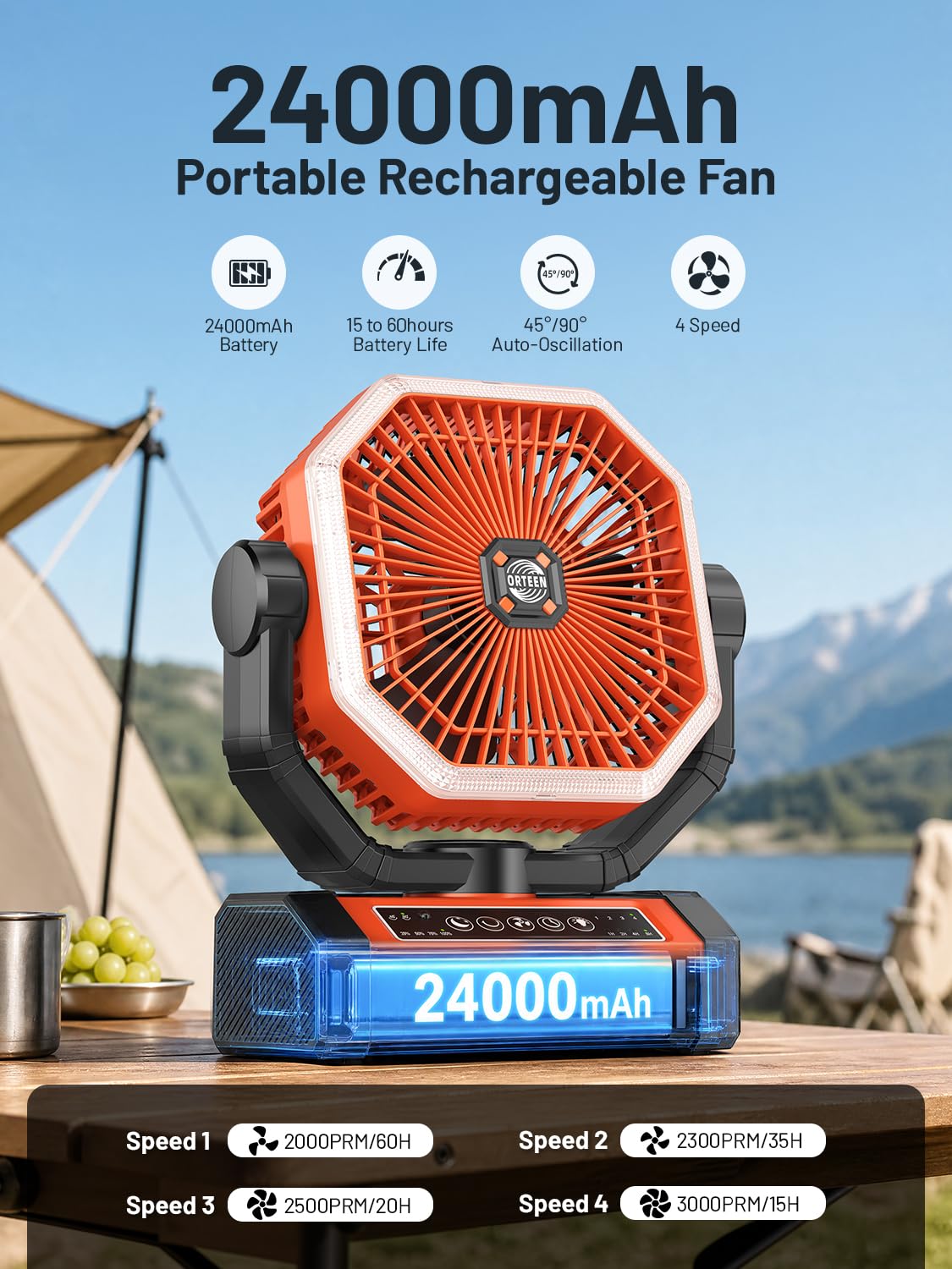 Ventilatore alimentato a batteria, 22,9 cm, ricaricabile, portatile, 24000 mAh (60 ore), ventilatore da campeggio per tenda, oscillazione automatica senza fili, ventilatore da campeggio con