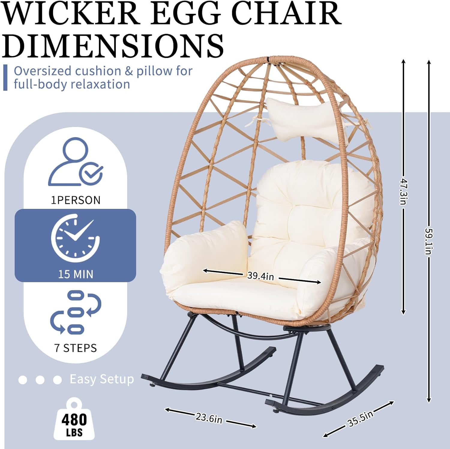 Wicker Egg Rocking Chair Outdoor, Oversized Patio Lounge Chairs with Cushion Patio Furniture for Indoor Living Room, Bedroom (Yellow Frame + White Cushion)