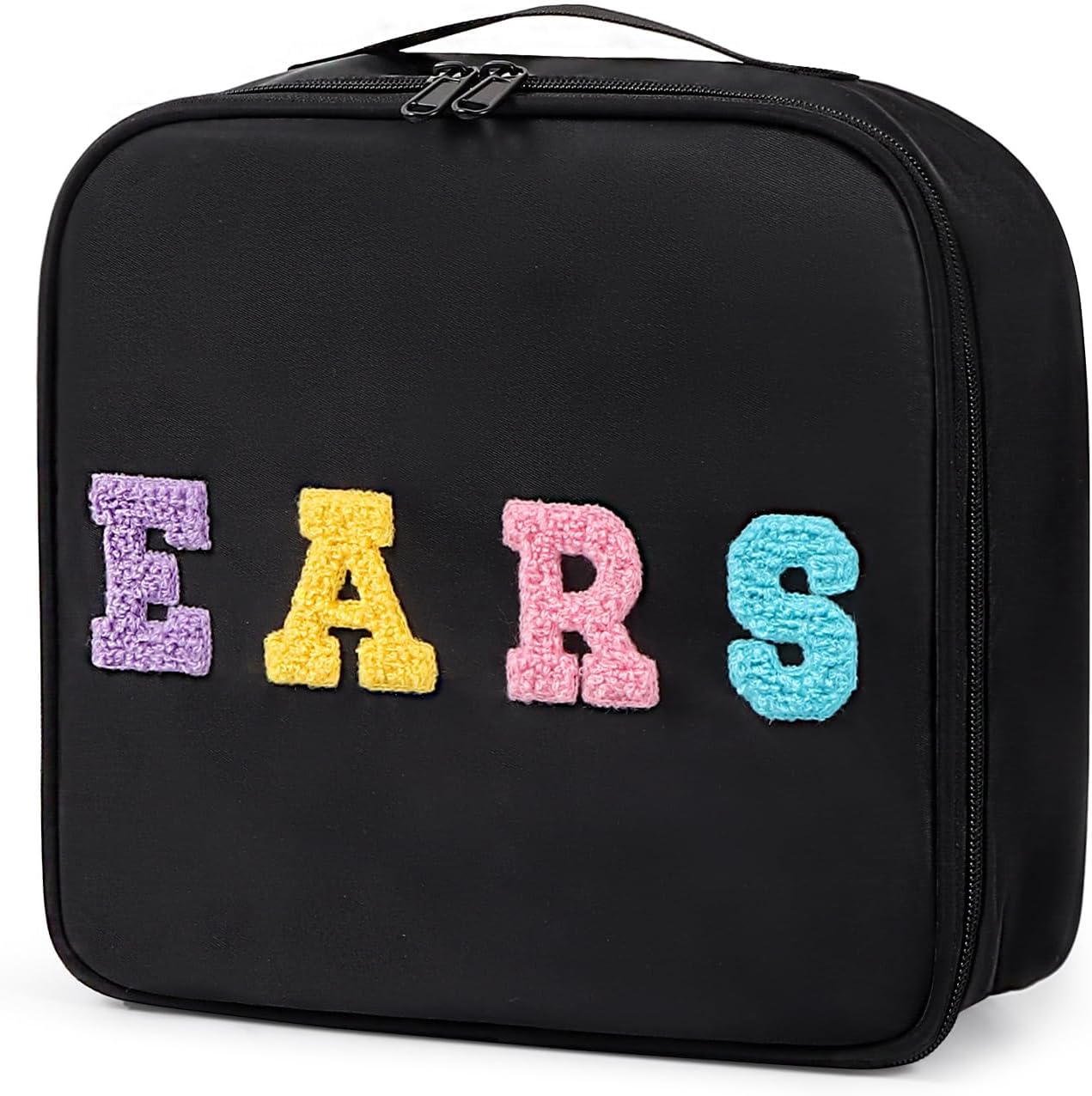 Mouse Ears Organizer Case for Home Storage & Travel, Chenille Letter Headband Holder Storage Bag with Mesh Pocket & Handle for Closet Bedroom, Park Trip Essentials Hair Accessories