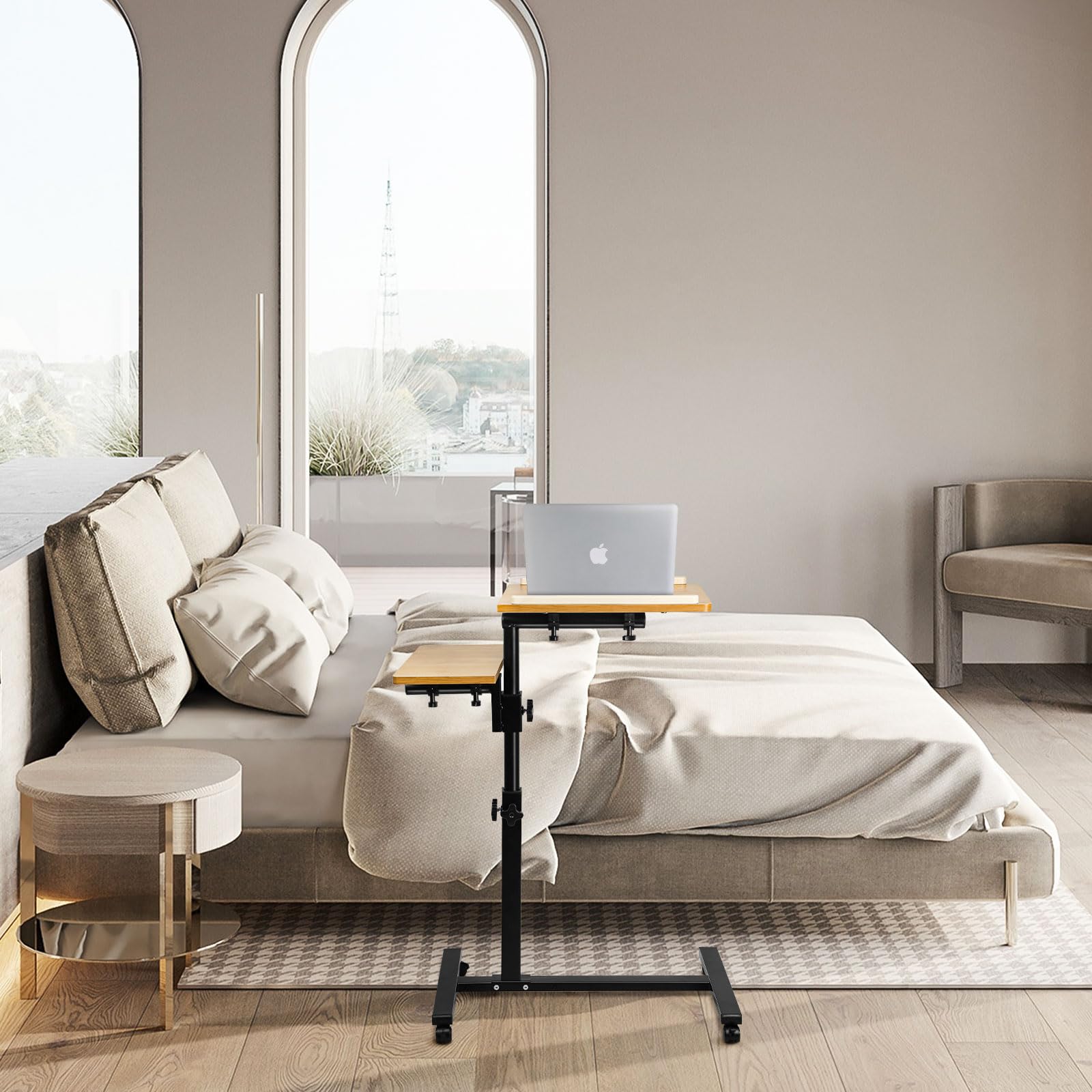 OHMG Table de Chevet à Roulettes Réglable 2 Plateaux pour Fauteuil et Ordinateur Portable