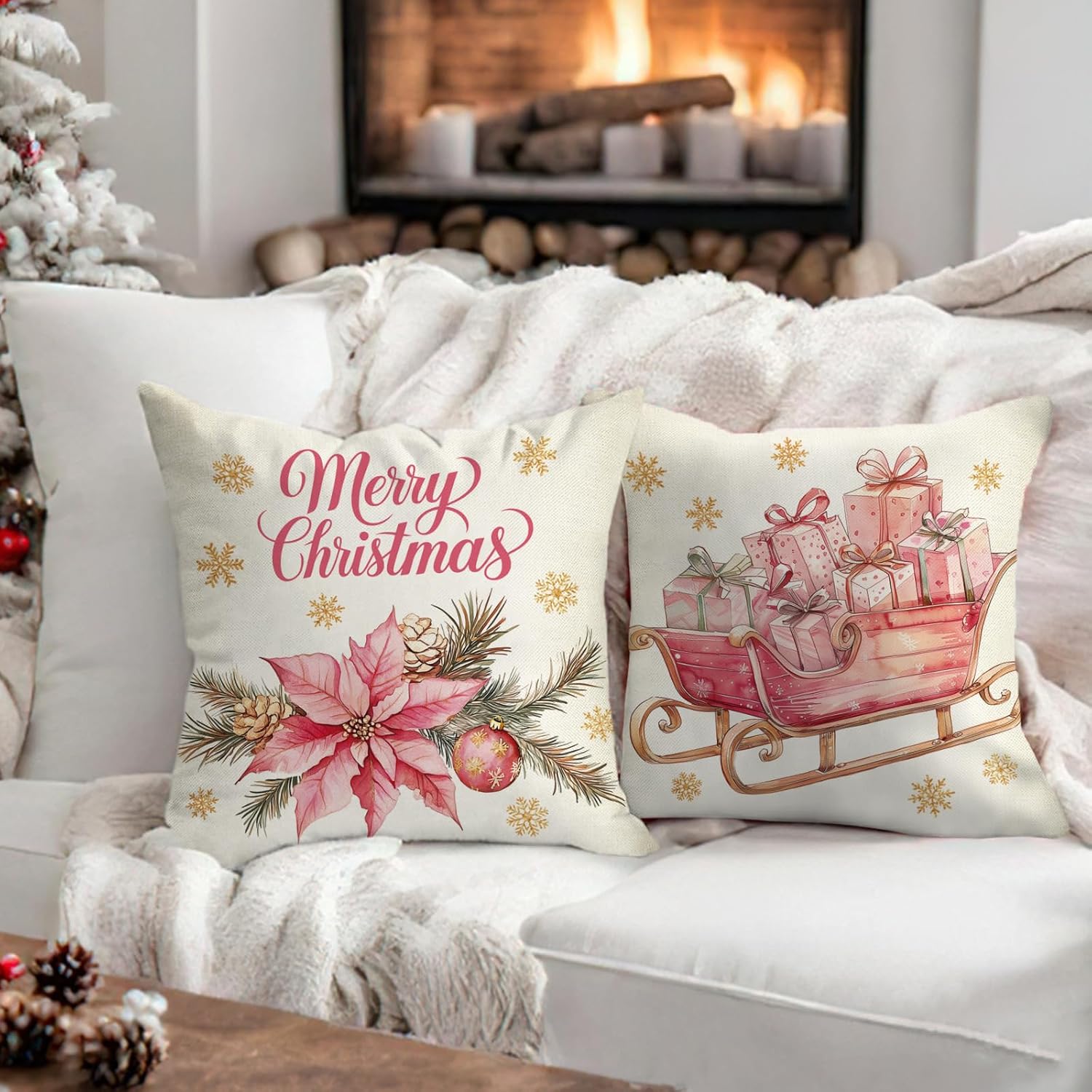 Fahrendom Merry Christmas Pink Decorative Throw Pillow Covers 18 x 18 Set of 4, Xmas Tree Poinsettia Sleigh Ball Bright Outdoor Pillowcase, Winter Sofa Couch Cushion Case Home Decor - Image 2