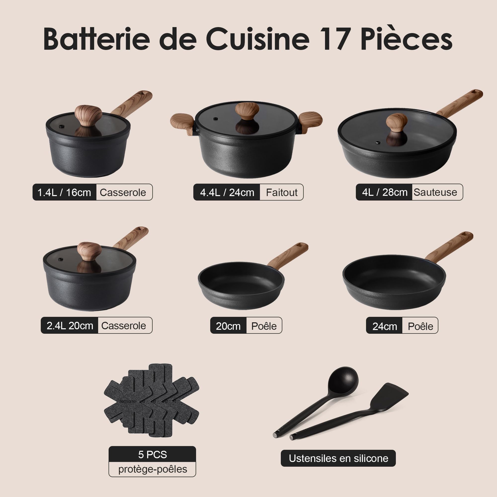 SENSARTE Batterie de Cuisine 17 Pièces, Revêtement Renforcé au Titane