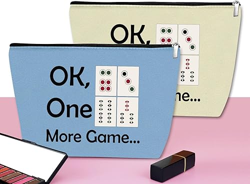 Miniatura 4 de 2 unids Mahjong amante regalo maquillaje bolsa Mahjong jugador regalo Mahjong niñas bolsa de cosméticos, Azul y beige.