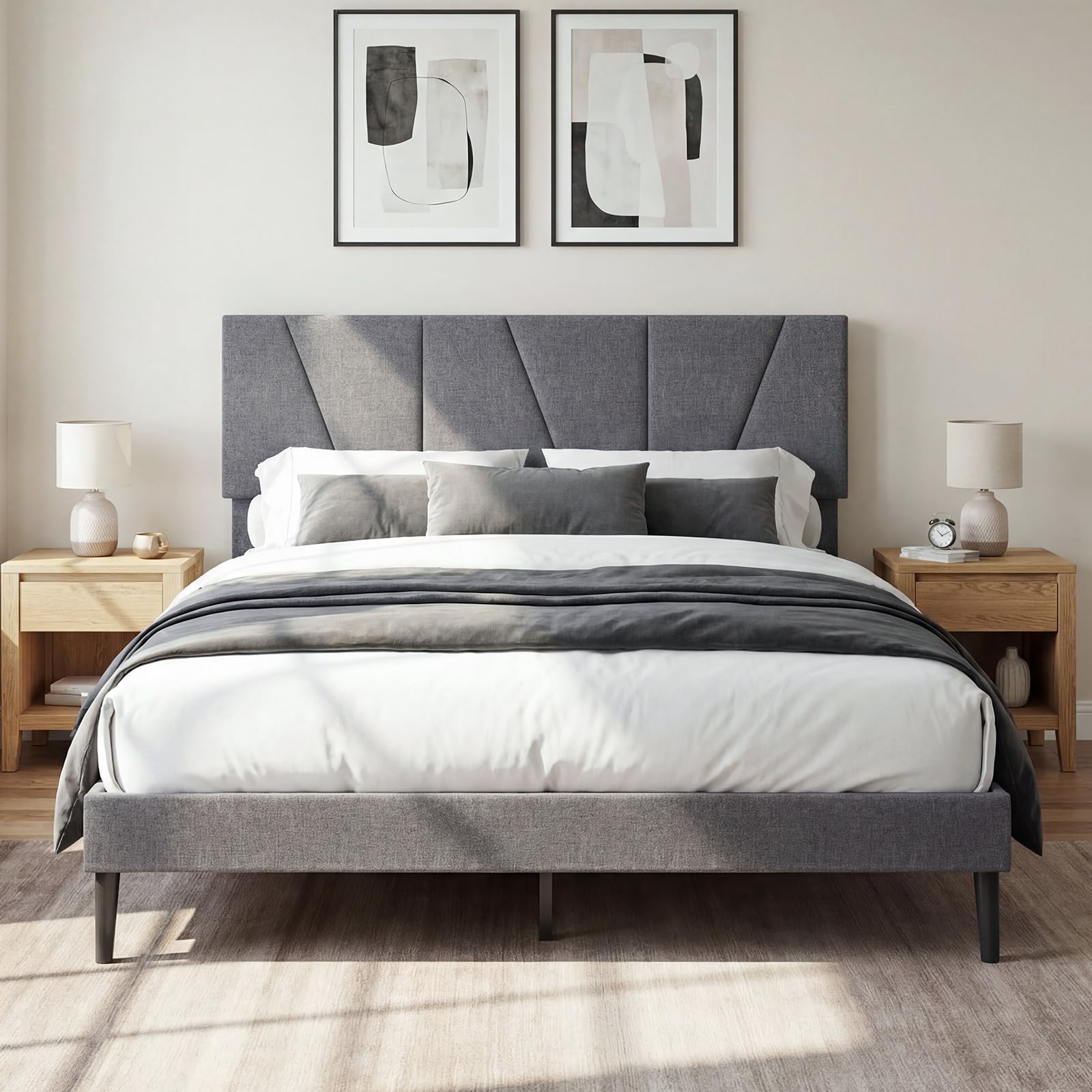 COSTWAY Struttura Letto Matrimoniale, Letto Piattaforma Rivestito in Lino con Testiera Regolabile in Altezza, Doghe in Legno a Supporto del Materasso, Silenzioso (200x160cm)