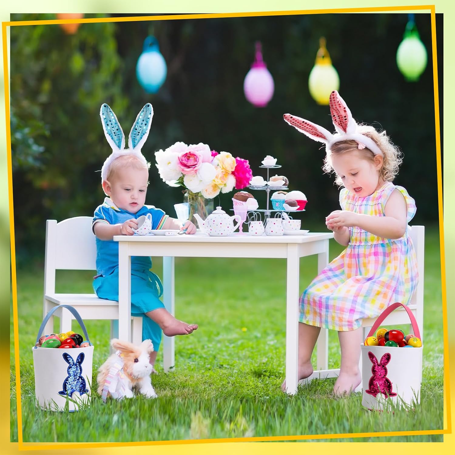 Domensi 12 Pcs Easter Basket Set for Kids Canvas Easter Baskets with Handles and Plush Bunny Ear Headbands, Reusable Small Bags Bulk for Egg Hunt Supplies(Bright Style)