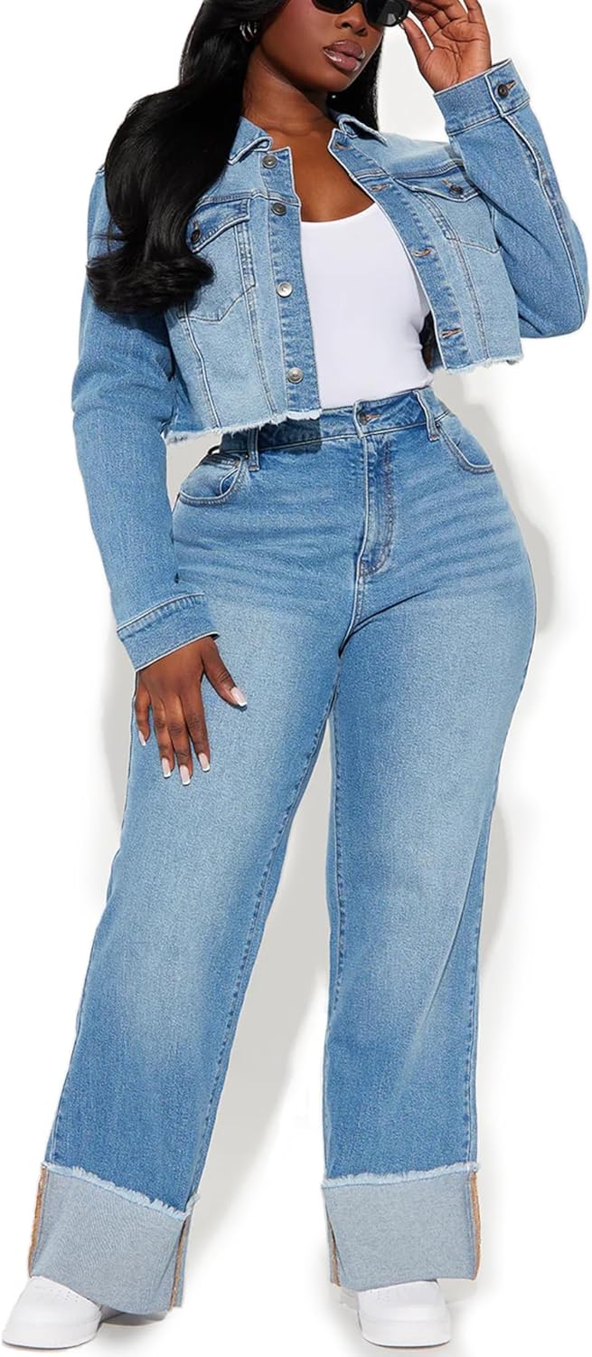 Blue Washed Cropped Denim Jacket for Women Button Down Long Sleeve with Chest Pockets & Frayed Hem