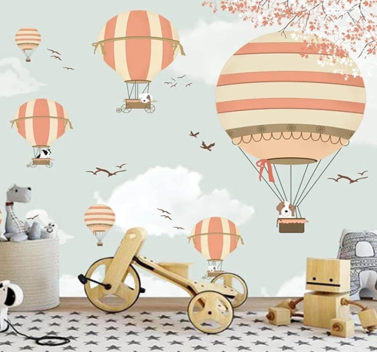 Tzxztt Cartoon Hot Air Balloon Clouds Birds Animals Modern 3D Wallpaper Premium Textured Silk Neutral Tones Material Ideal for Living Room Bedroom-300cm×210cm