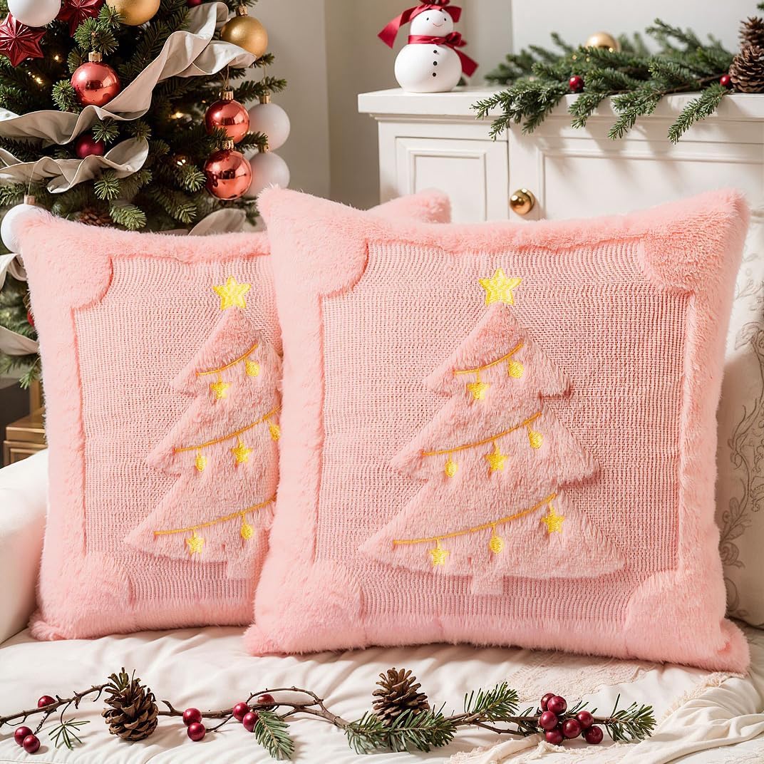 Christmas Pillow Covers Set of 2 Soft Plush Faux Fur Pillow Cases 3D Embroidered Decorative Couch Cover Home Decor Christmas Throw Pillow Covers 18x18,Pink Christmas Tree