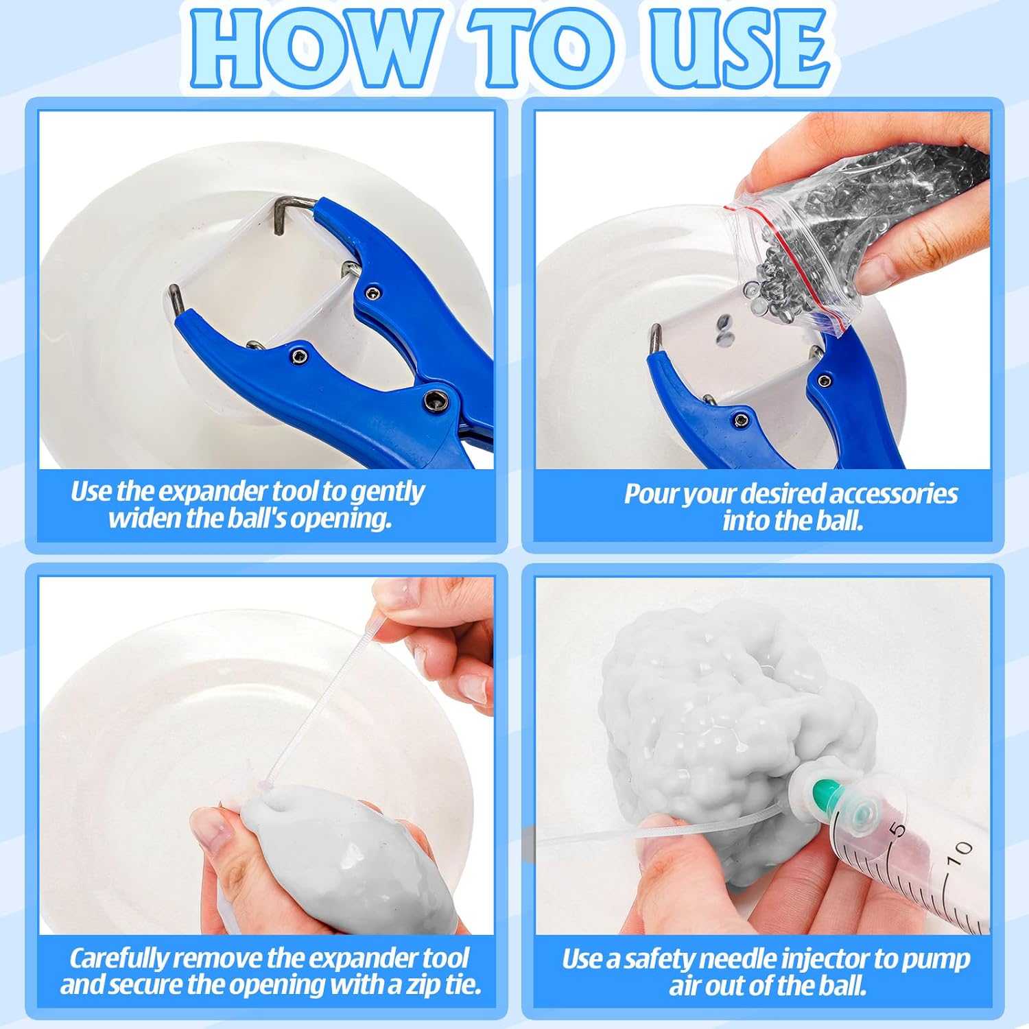 12 Pcs DIY Stress Ball Making Kit, Blank Stress Pressure Ball Skin Kit with Vacuum Evacuating Device & Expander Tool Make Your Own Fidget Pressure Balls for Adults(Milky and Clear)