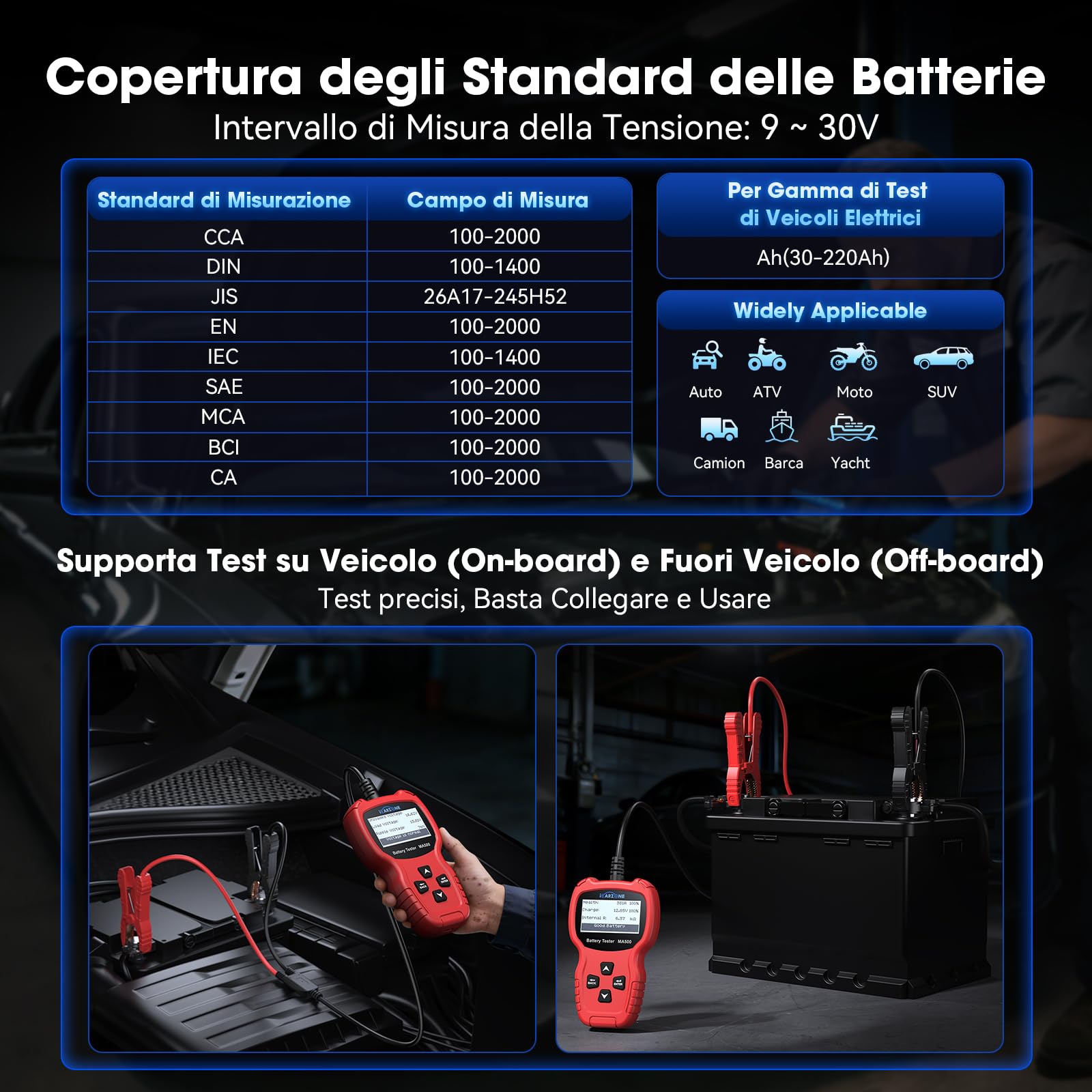 MA500 Tester Batteria Auto, Batterie Diagnostico Digitale 9V-30V per Alternatori 100-2000 CCA, Analizzatore di Ricarica e Avviamento per Auto, Camion, Moto, Barche, Camper, ATV e Yacht