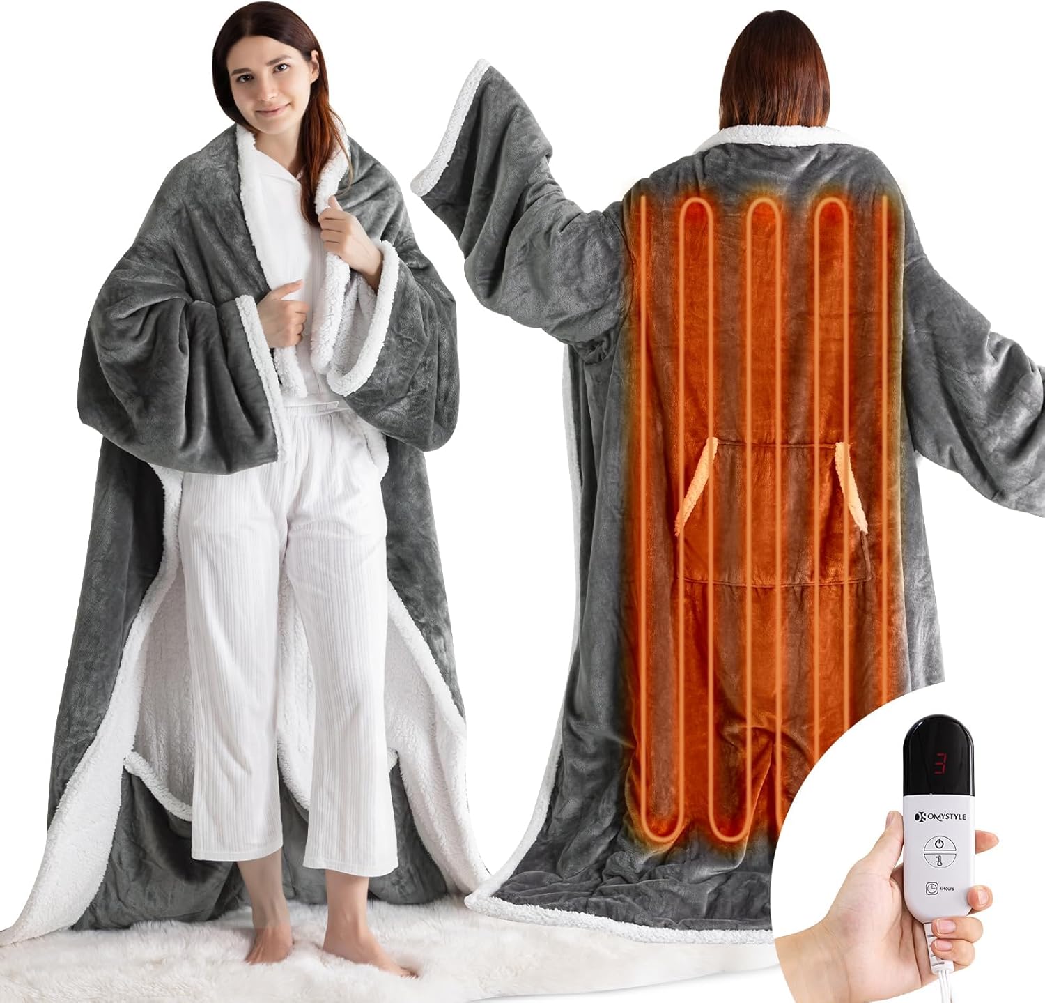 OMYSTYLE Electric Blanket Wearable with Foot Pocket, Wearable Heated Blanket with Sleeves, 1-6 Heating Levels & Fixed 4 Hours Heating Time Setting, 52 * 72"+18", Light Grey