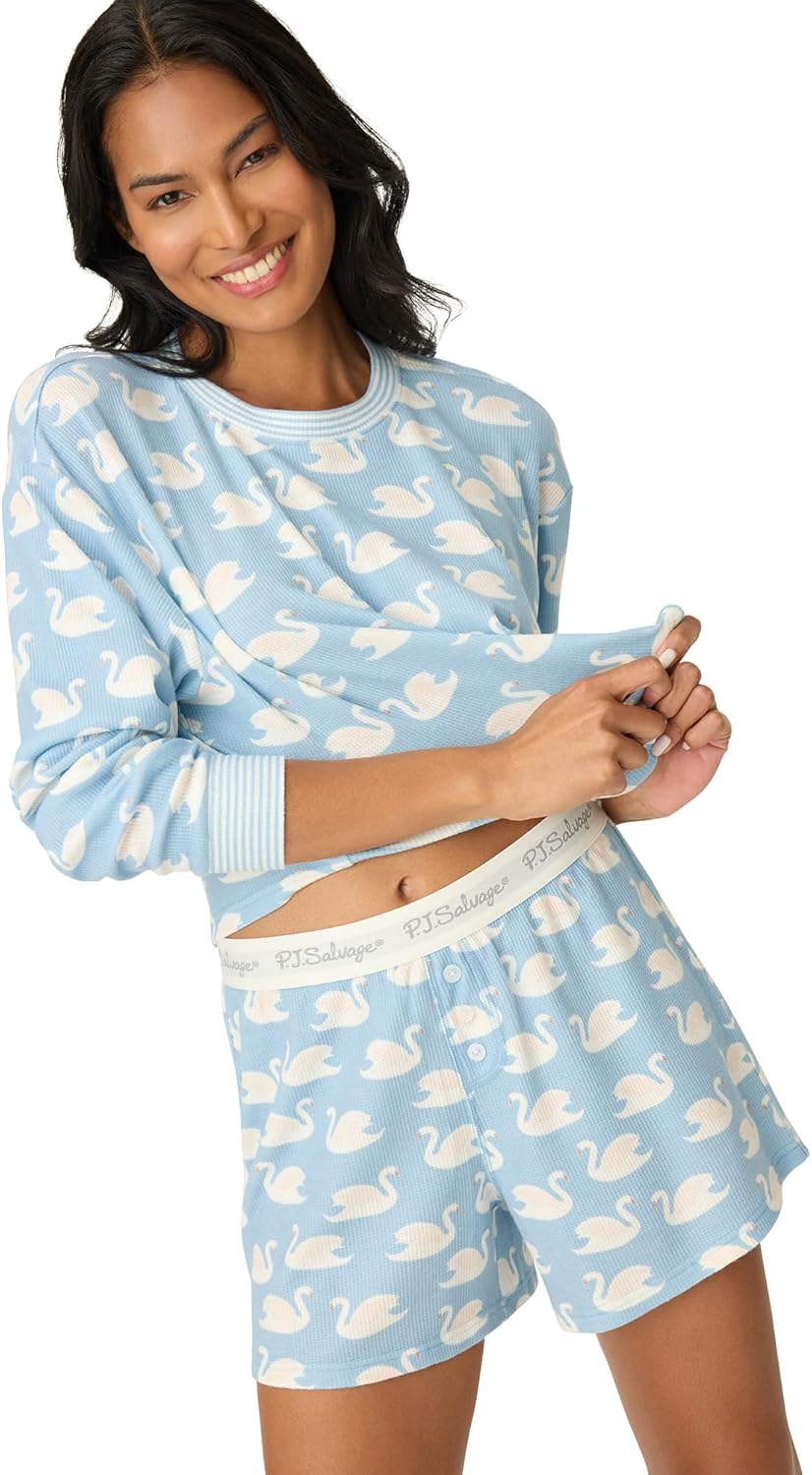 PJ Salvage womens Boyfriend Long-sleeve Top and Boxer Short Bottom 2-piece Pajama Set - Image 4