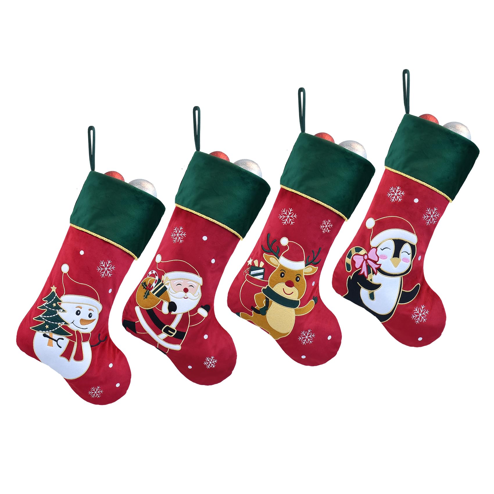 Calze di Natale, confezione da 4 calze natalizie in velluto rosso con polsino verde, grandi calze di Natale di lusso per decorazioni per le vacanze in famiglia