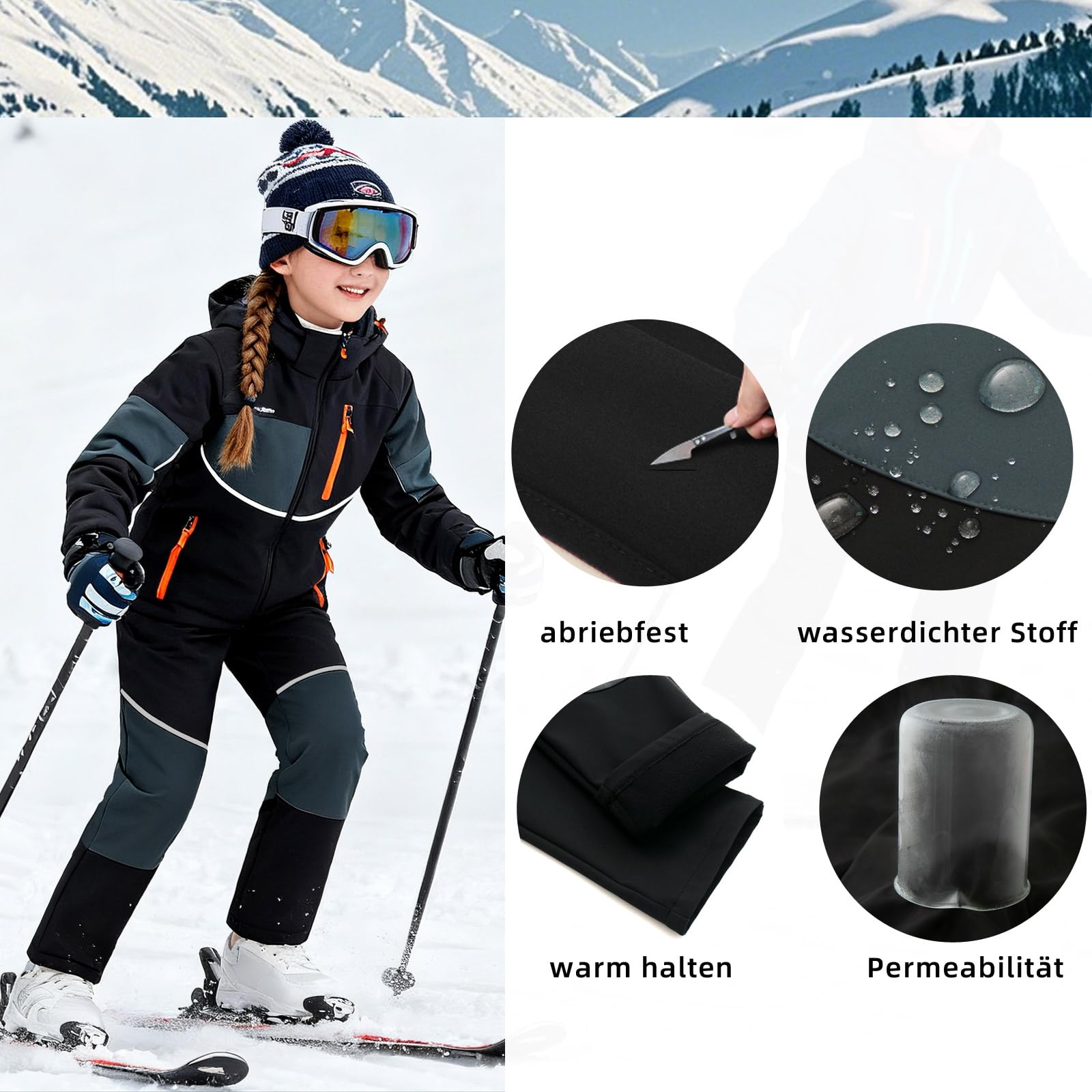 Hill & Sea Pantalon de ski pour enfant - Imperméable - En softshell - Taille élastique - Doublure polaire - Chaud