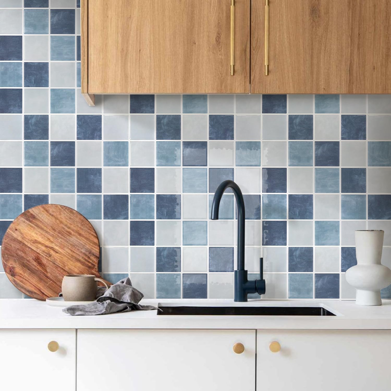 Commomy Più Spessi Piastrelle Adesive Cucina Blu-Grigio,10 pezzi | Paraschizzi Cucina Mattonelle Adesive Bagno, Vinile Pannelli Decorative 3D per Parete,30,5 x 30,5 cm