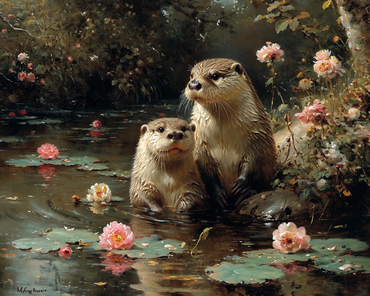 Stamped Cross Stitch Kits, Playful Otters by Riverbank, Needlepoint Counted Cross Kits for Beginners, Embroidery Kits Arts Home Decor(11CT No Frame,16x20 inch)