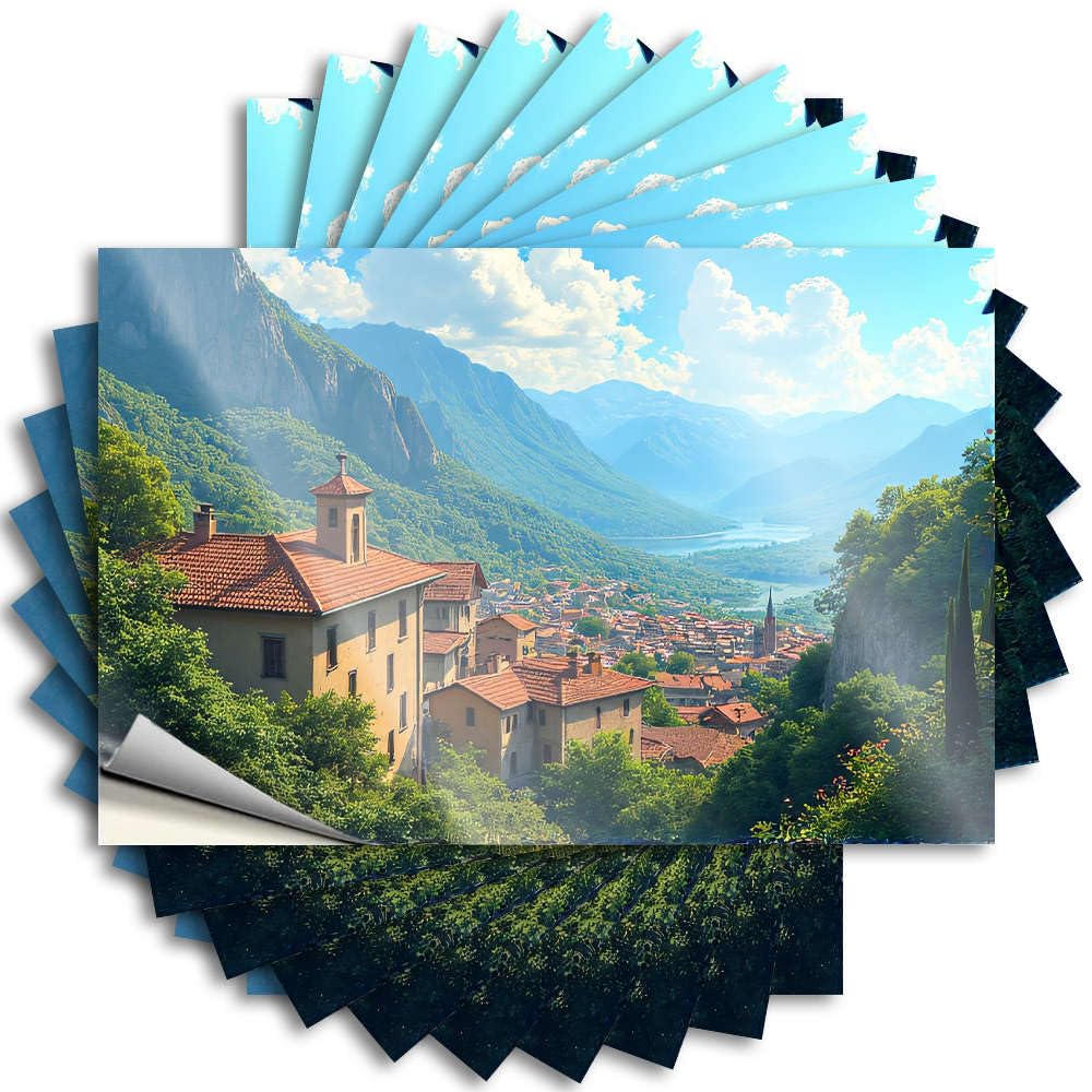 Mini Decal Aesthetic Decals, Gamers Accessories Cute Pattern Design for Earth Notebook | Hard Removable Vinyl A Picturesque Village Nestled Among Lush Green Mountains(6X9CM)
