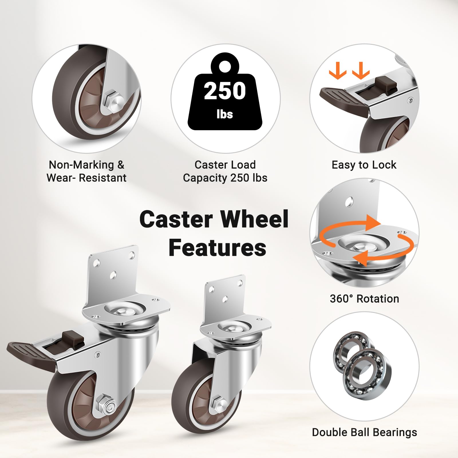 Juego de 8 ruedas giratorias de goma resistentes en forma de L de 3 pulgadas con montaje lateral, rodamientos de bolas, rodamientos de bolas, giro de 360 grados, ruedas para muebles, cunas, cocinas