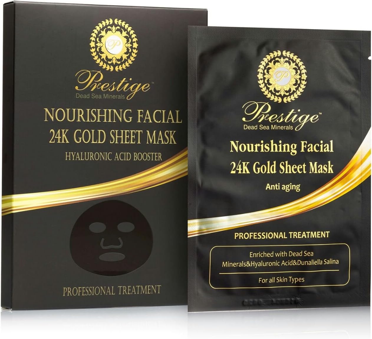 Prestige Minerals- Nourishing Facial 24K Gold Mask Sheet Hyaluronic Acid Booster Professional Treatment-Anti aging Enriched with Dead Sea Minerals and Dunaliela Salina (4 Sheets)