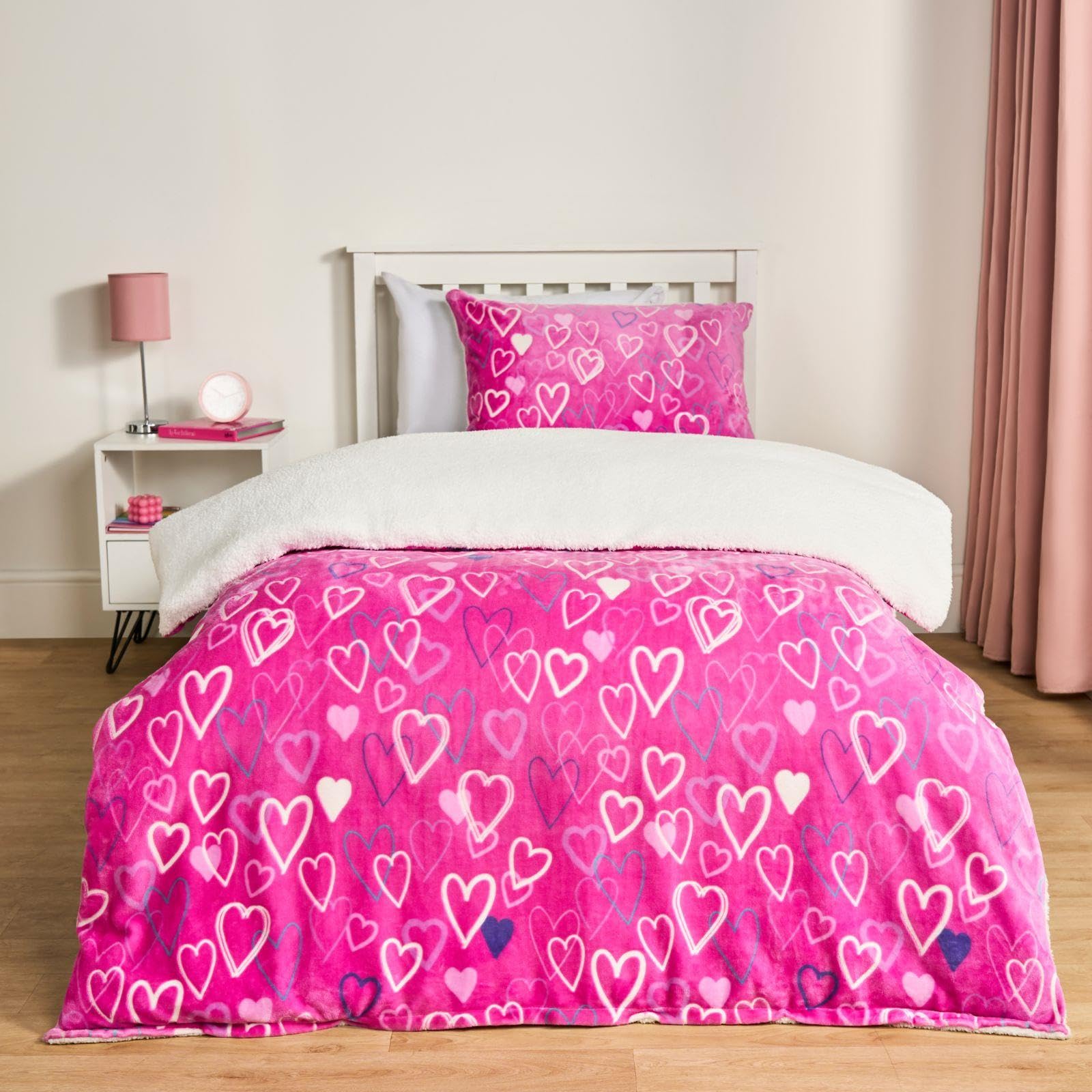OHS Kids Double Duvet Set, Ultra Soft Warm Cosy Heart Printed Glow In The Dark Quilt Duvet Covers Sets Double Luxury Comfy Girls Kids Bedding with Pillowcases, Pink — image 1