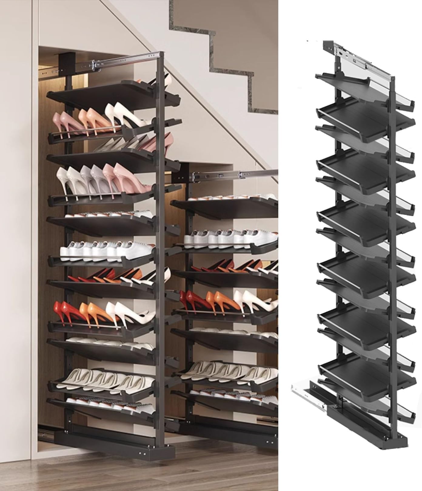Pull-Out Shoe Rack Organizer for Closet Shoe Cabinet,Adjustable Height Retractable Metal Stackable Shoe Rack, Vertical Shelf Organizer for Small Bedroom Closet, Space Saving Storage, Black(53cm,13 Tie